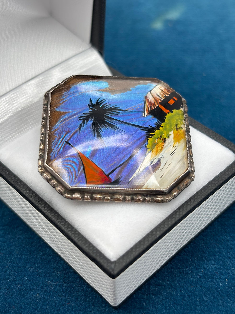 Thumbnail: Thomas L Mott Art Deco Sterling Silver Hand Painted Blue Morpho Butterfly Wing B