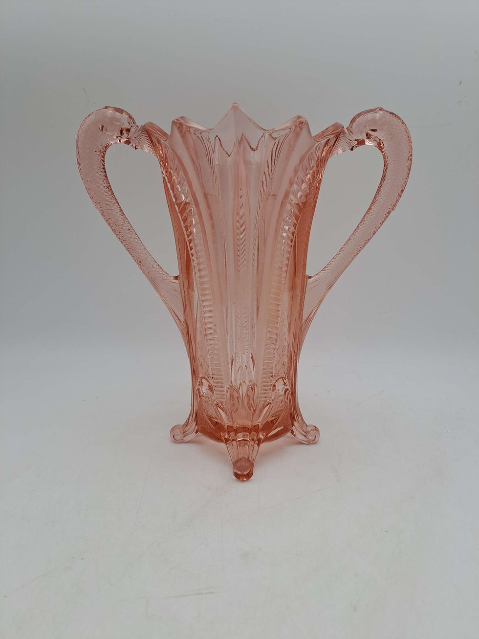 Thumbnail: Art Deco Brockwitz Dolphin Handled Pink Glass Vase