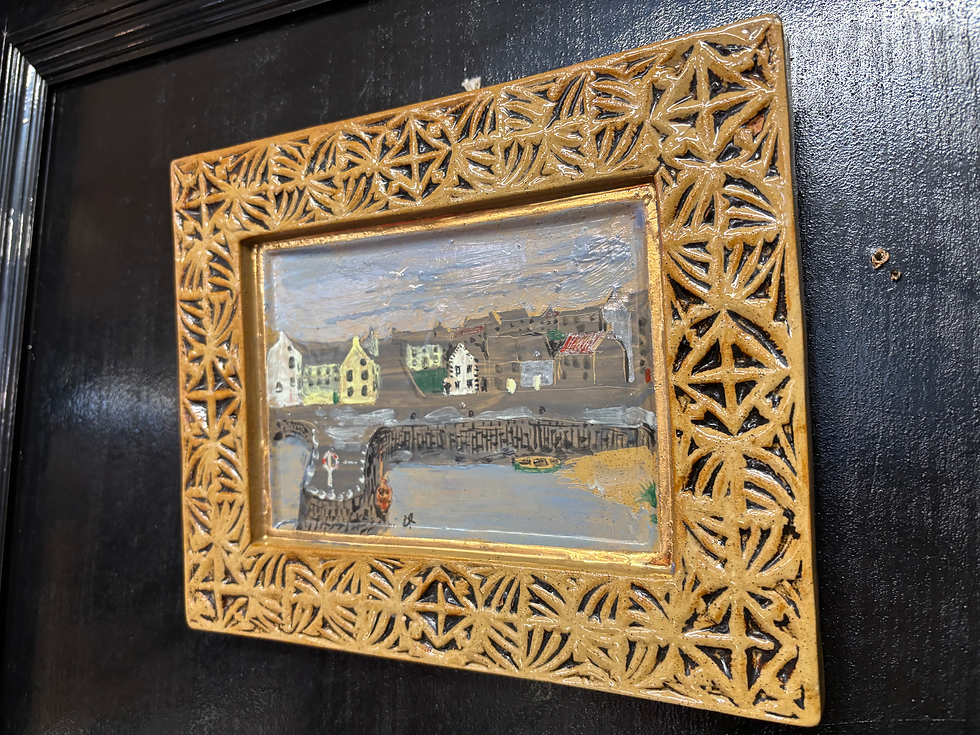 Thumbnail: Hand Painted Pottery Wall Plaque  Scottish Coastal Village. Possibly Portsoy Har