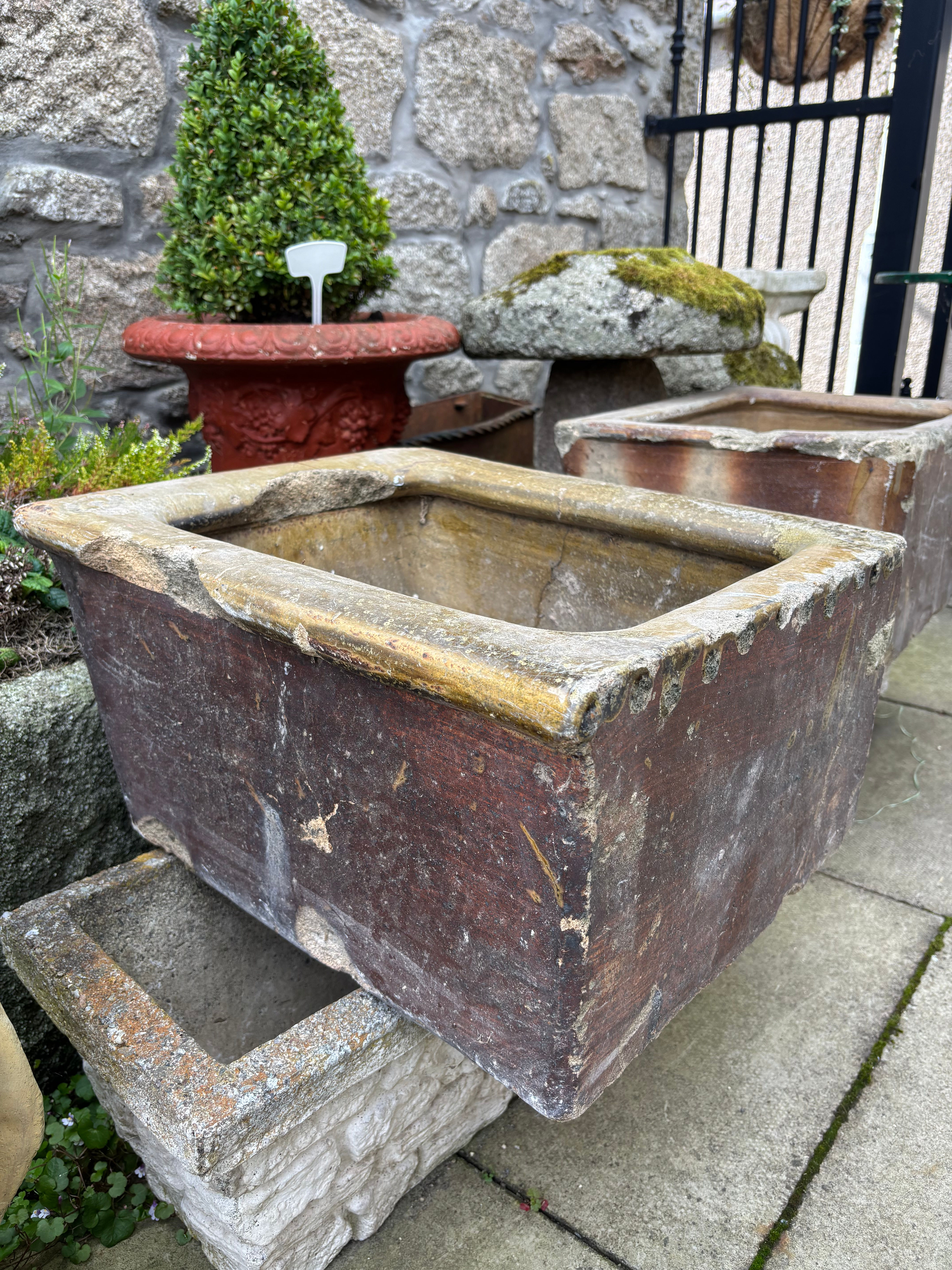 Antique salt-glazed stoneware cattle trough or farm feeder,