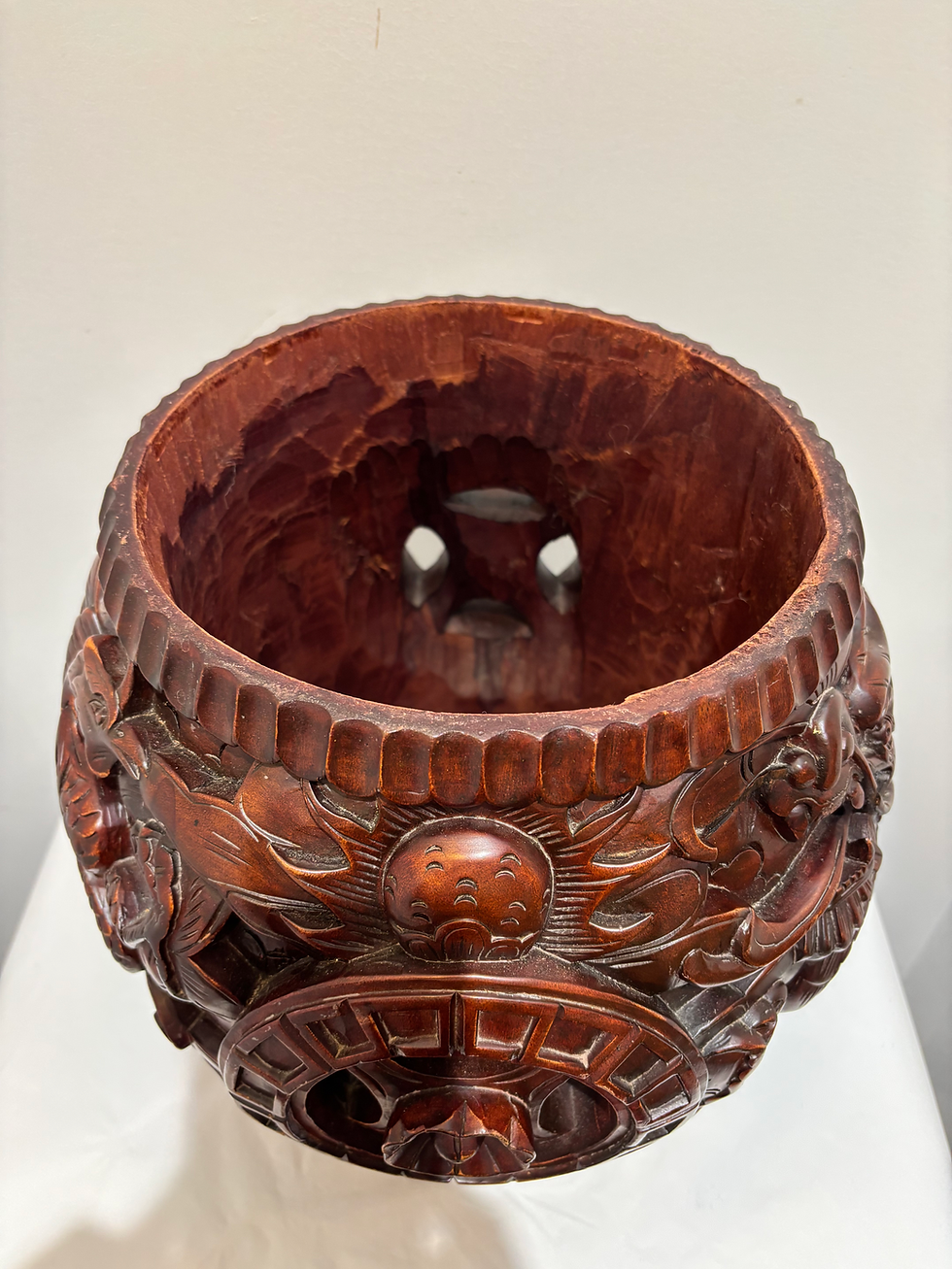Thumbnail: Vintage Hand Carved Chinese Export Rosewood Dragon Stool with  Lid . 