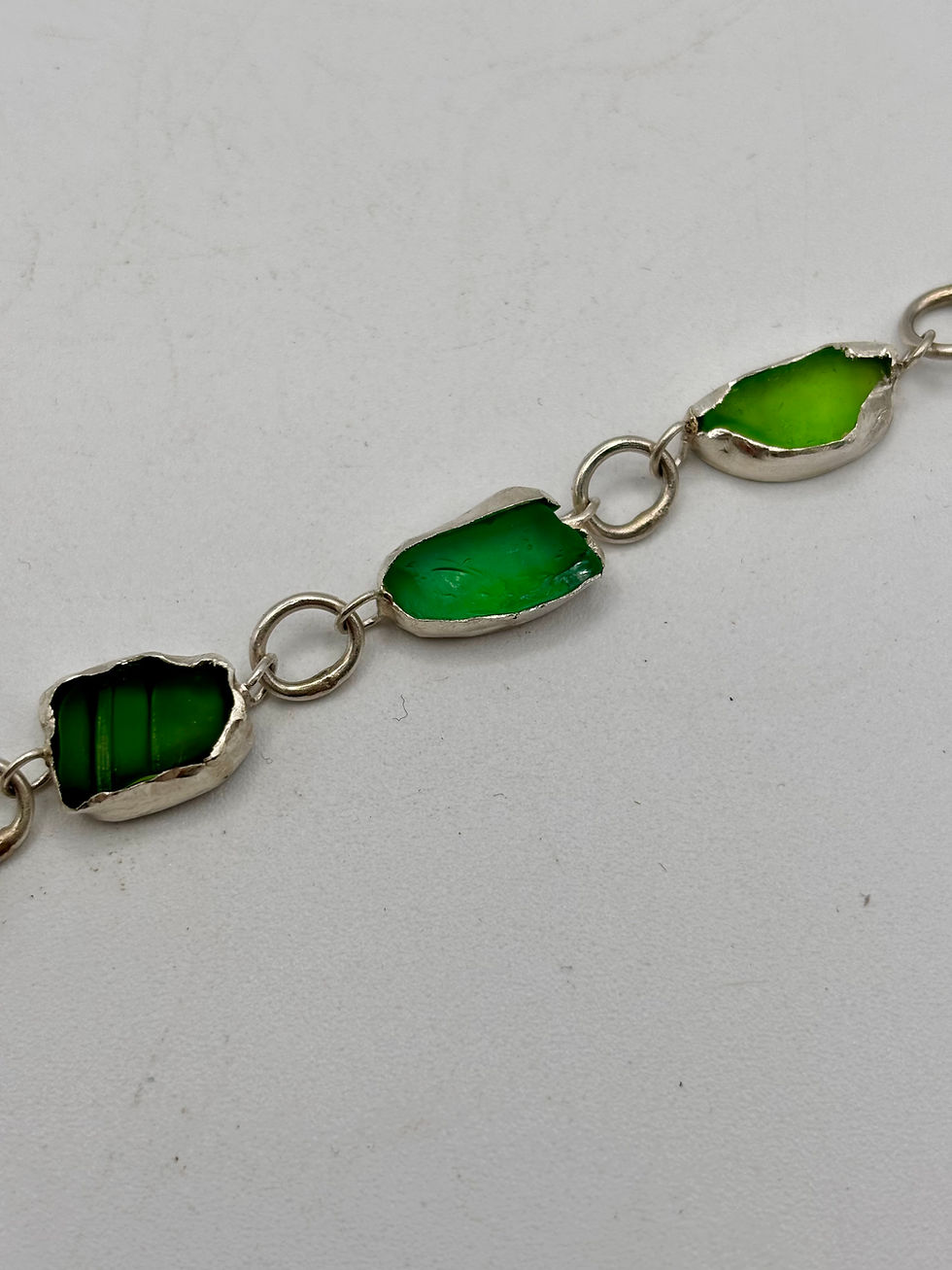 Thumbnail: Handmade Silver Green Sea Glass Bracelet. 