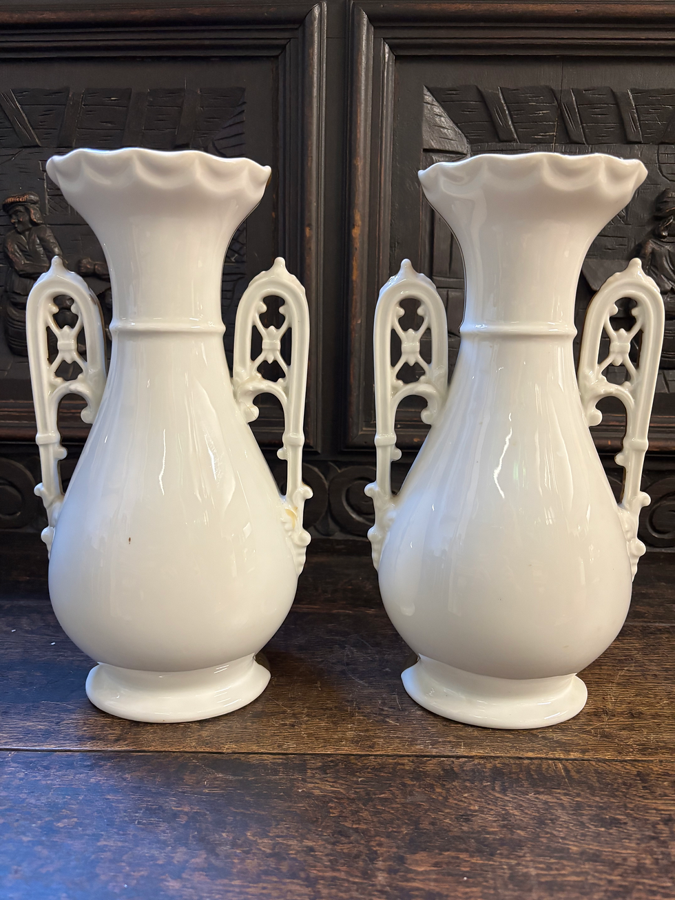 Thumbnail: Pair of antique Victorian French religious monogram Limoges porcelain vases mark