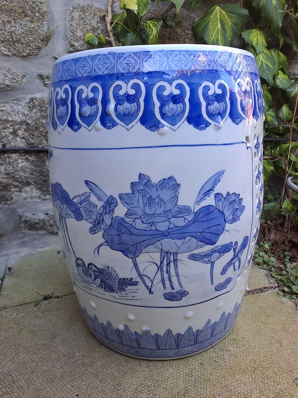 Thumbnail: Oriental Ceramic Plant Stand in Blue White Lotus Design