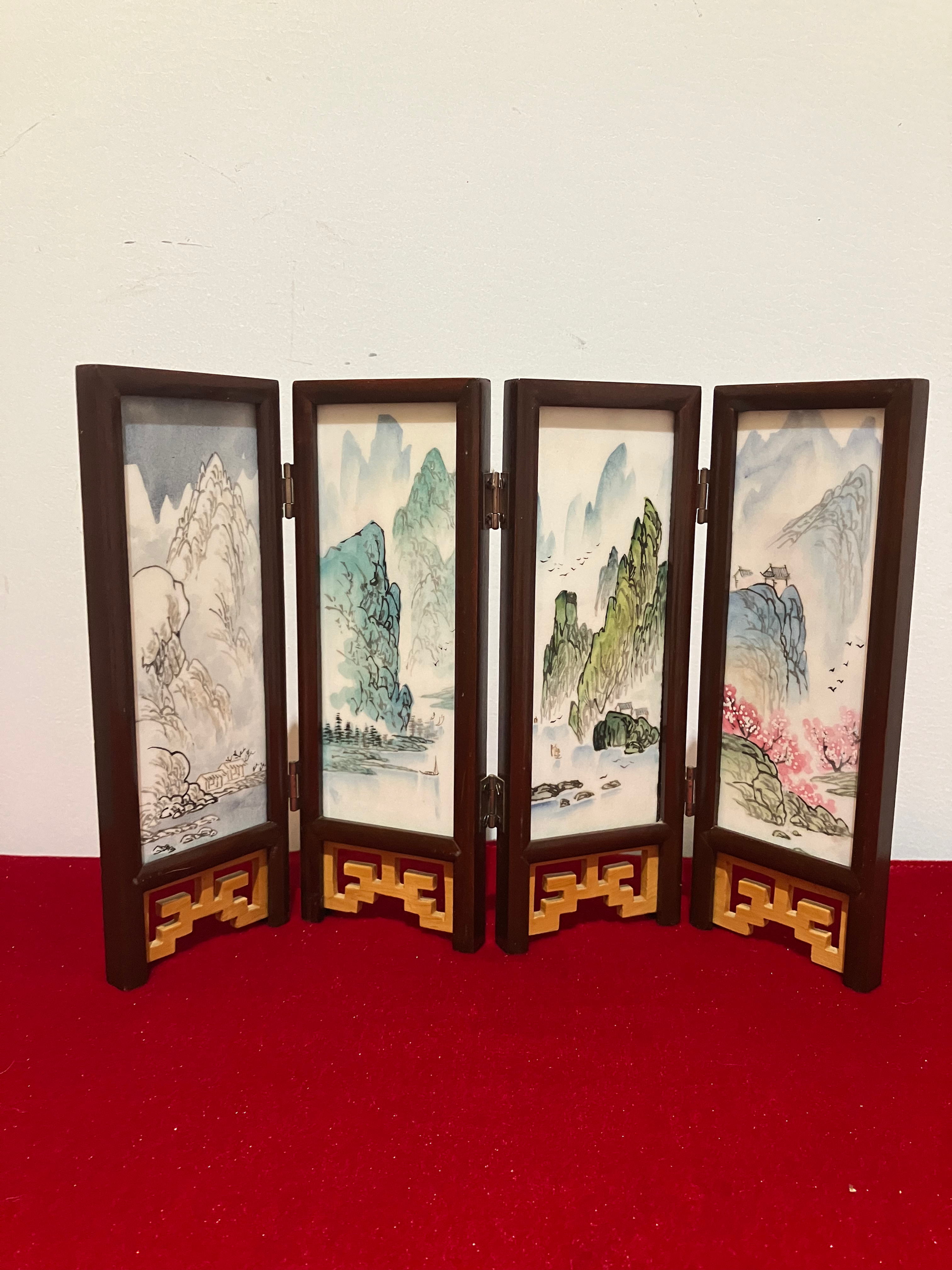 Vintage Miniature Chinese Folding Screen with Painted Ceramic Tiles