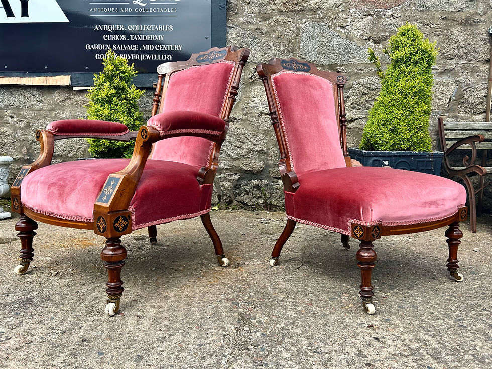 Thumbnail: Pair Late Georgian Mahogany Marquetry Detail His & Hers Library Chairs 