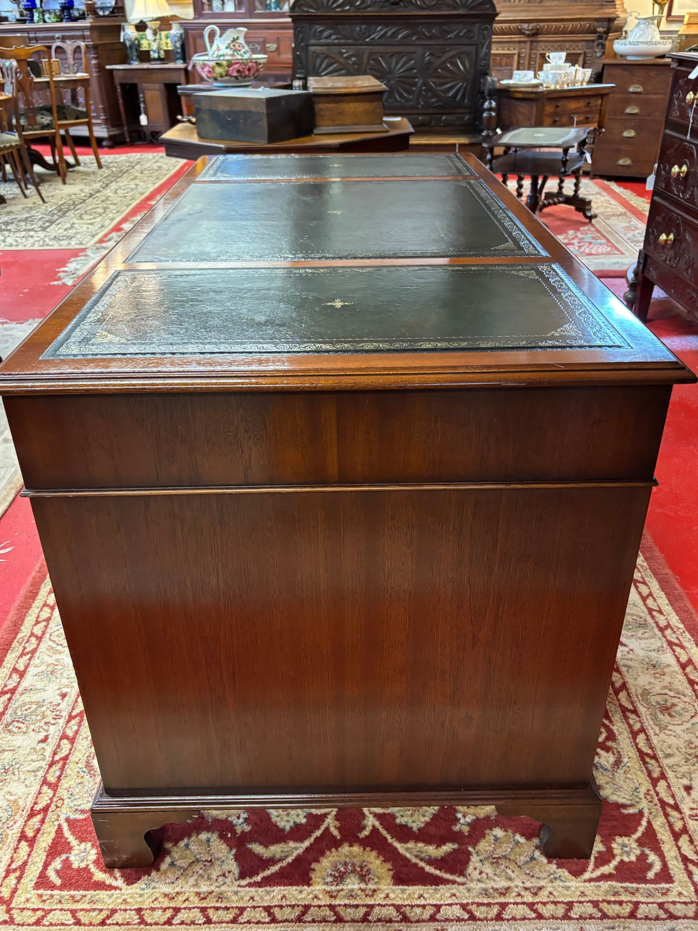 Thumbnail: Mahogany Pedestal Desk with Green Leather Inlaid Top Eight Drawers Desk 