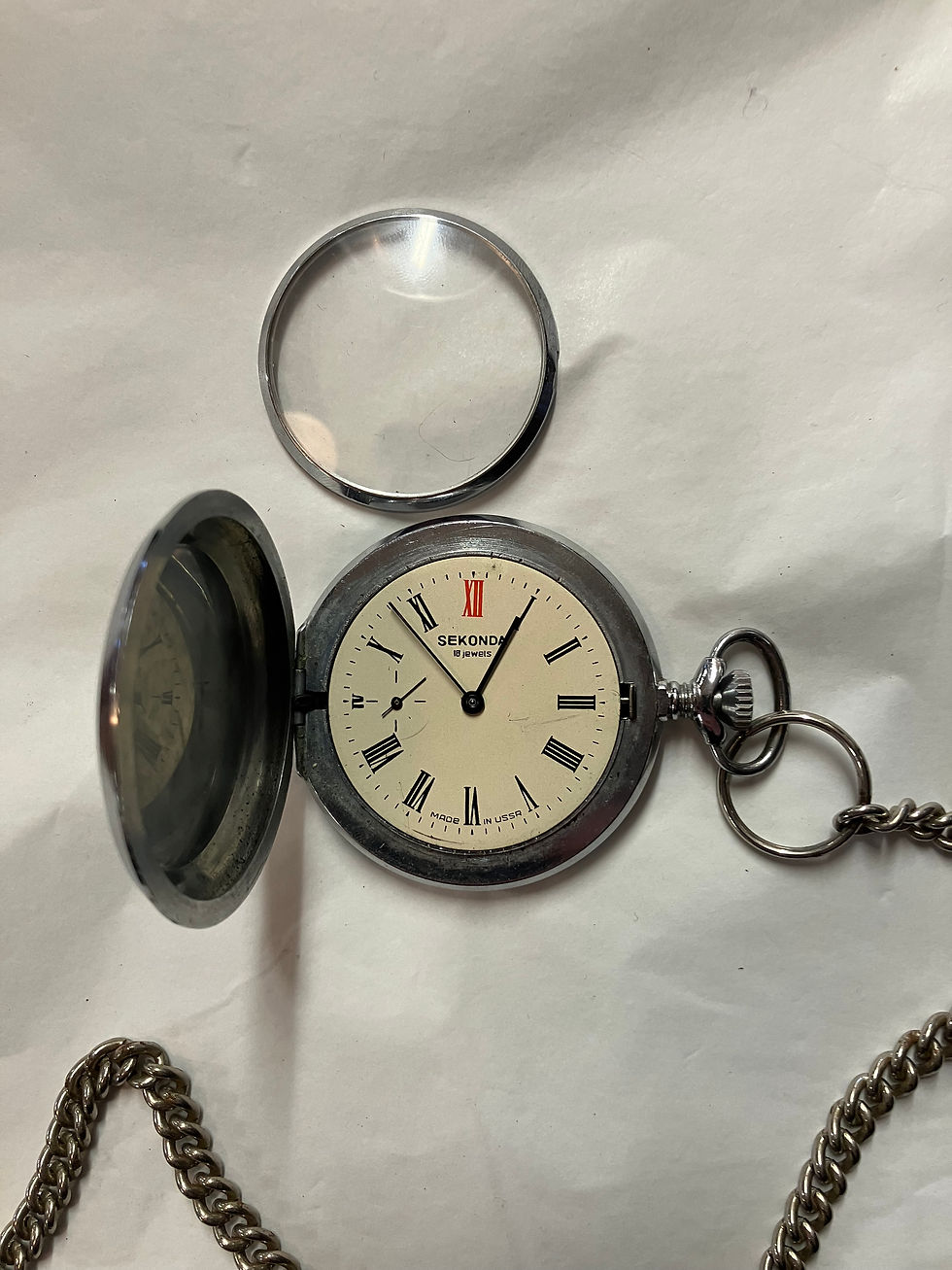 Thumbnail: Vintage White Metal Pocket Watch with Chain made in the USSR