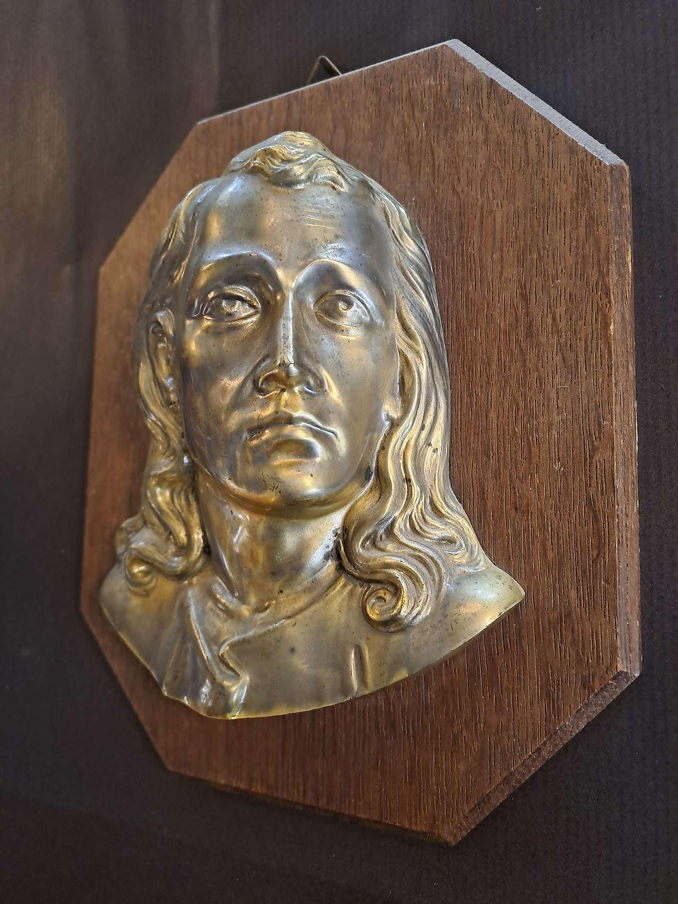 Thumbnail: Vintage Wooden Plaque with Brass Image of Jesus / Man
