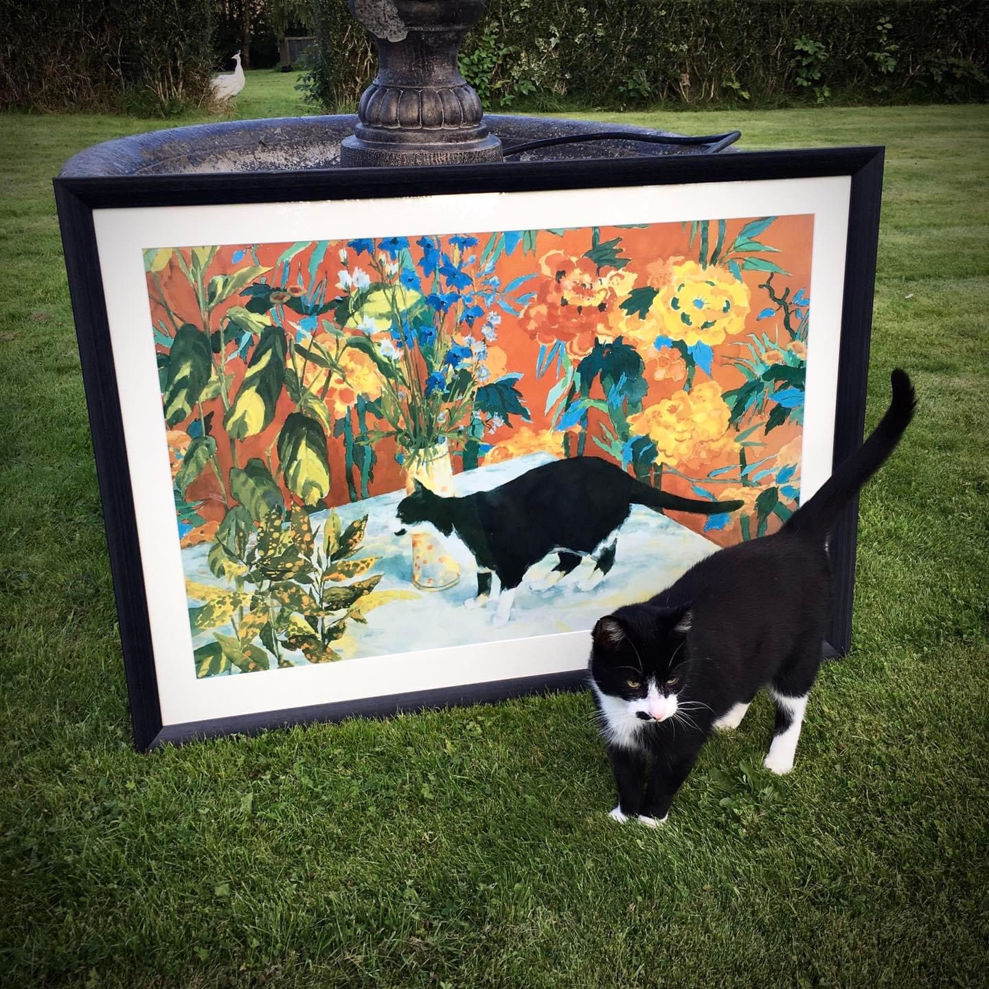Professionally Framed Floral Cat Print By Geraldine Girvan