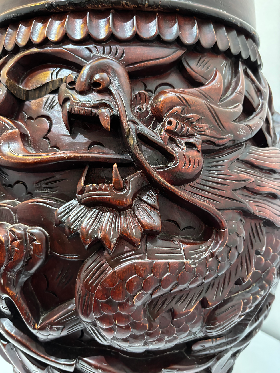 Thumbnail: Vintage Hand Carved Chinese Export Rosewood Dragon Stool with  Lid . 