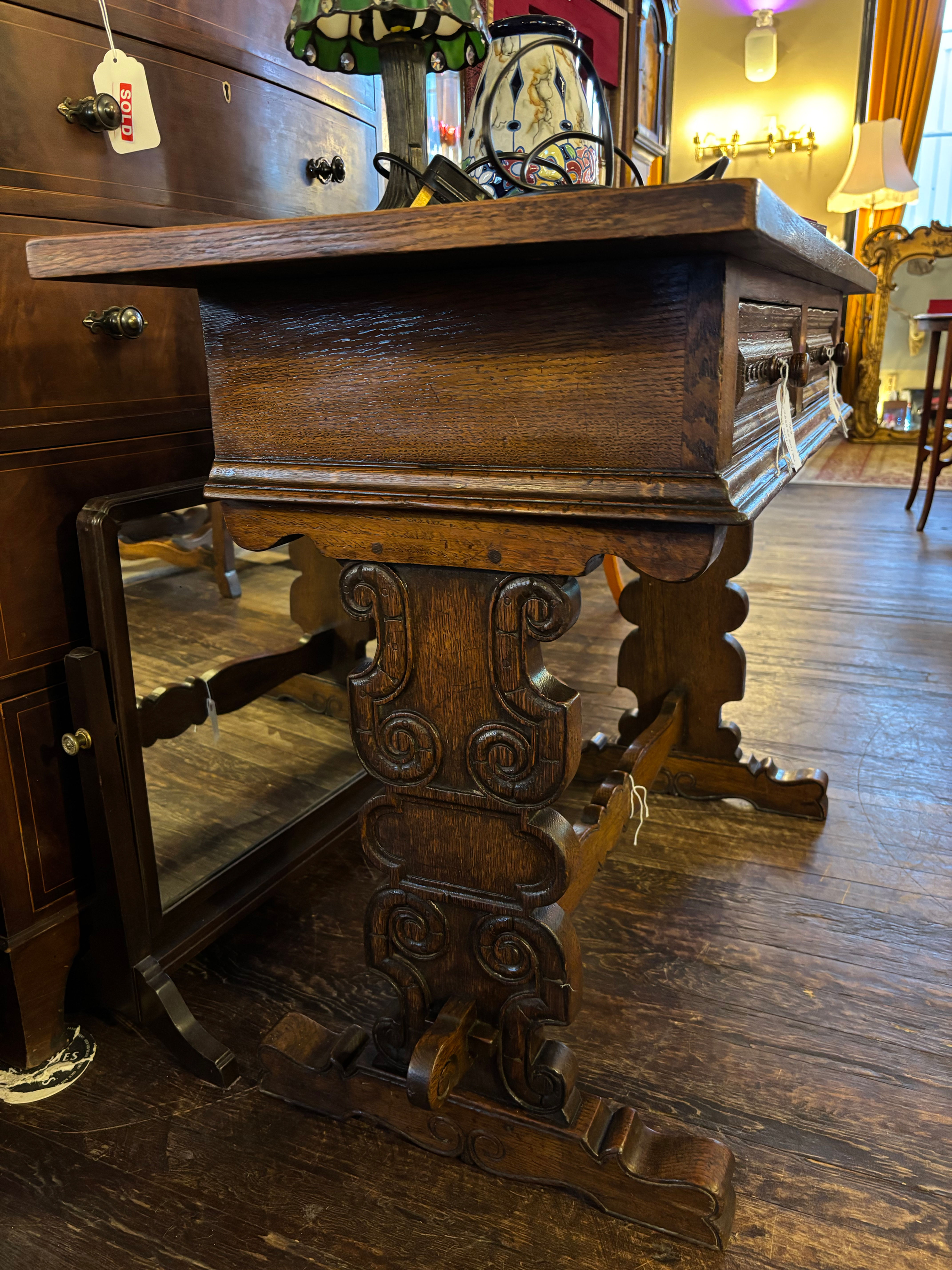 Jacobean Style Solid Oak Carved Consol Table With Drawers on Detailed Legs