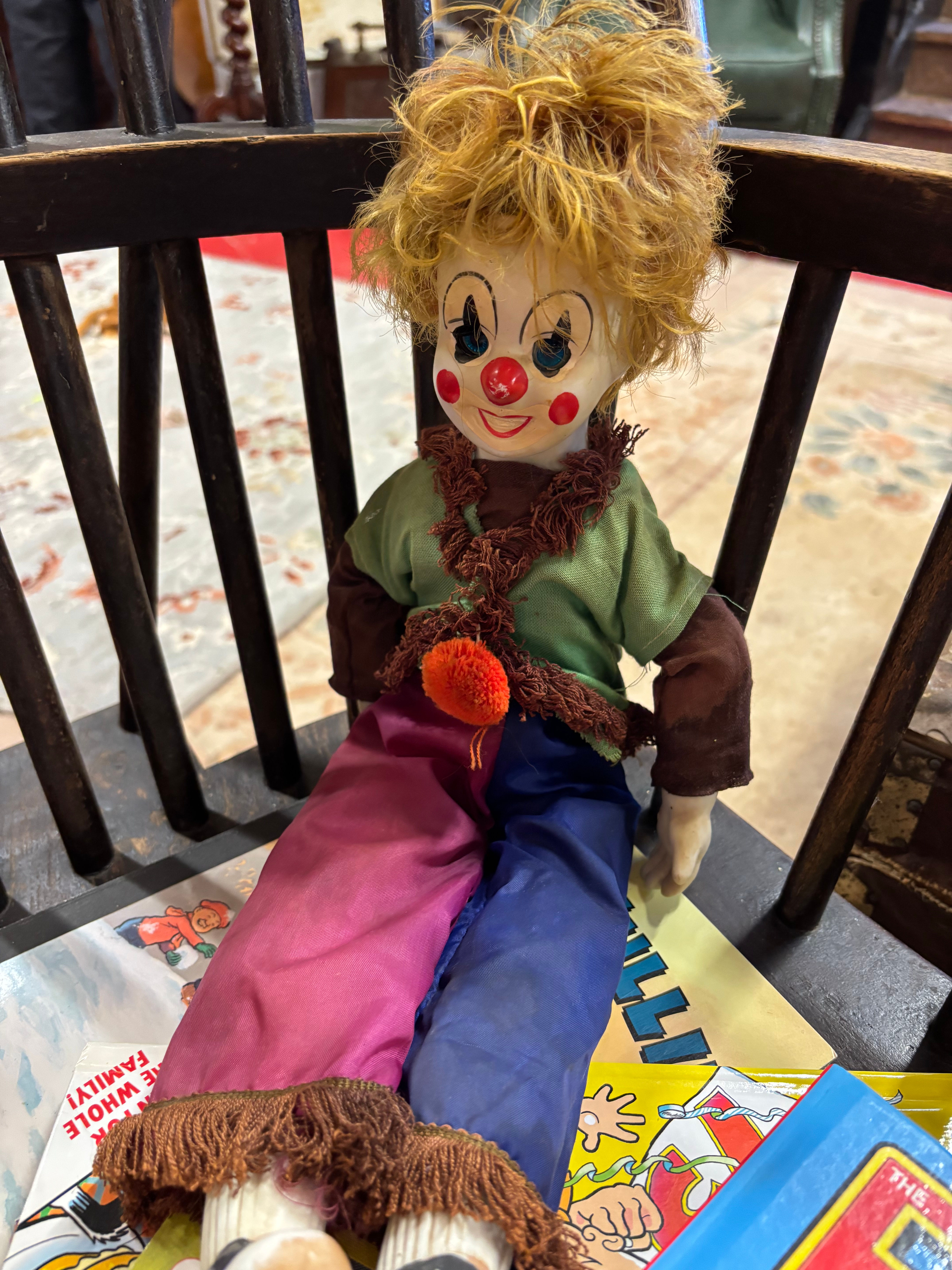 Vintage Clown Music Box Eyes Open & Close Cloth Body Porclean Head Hands Feet