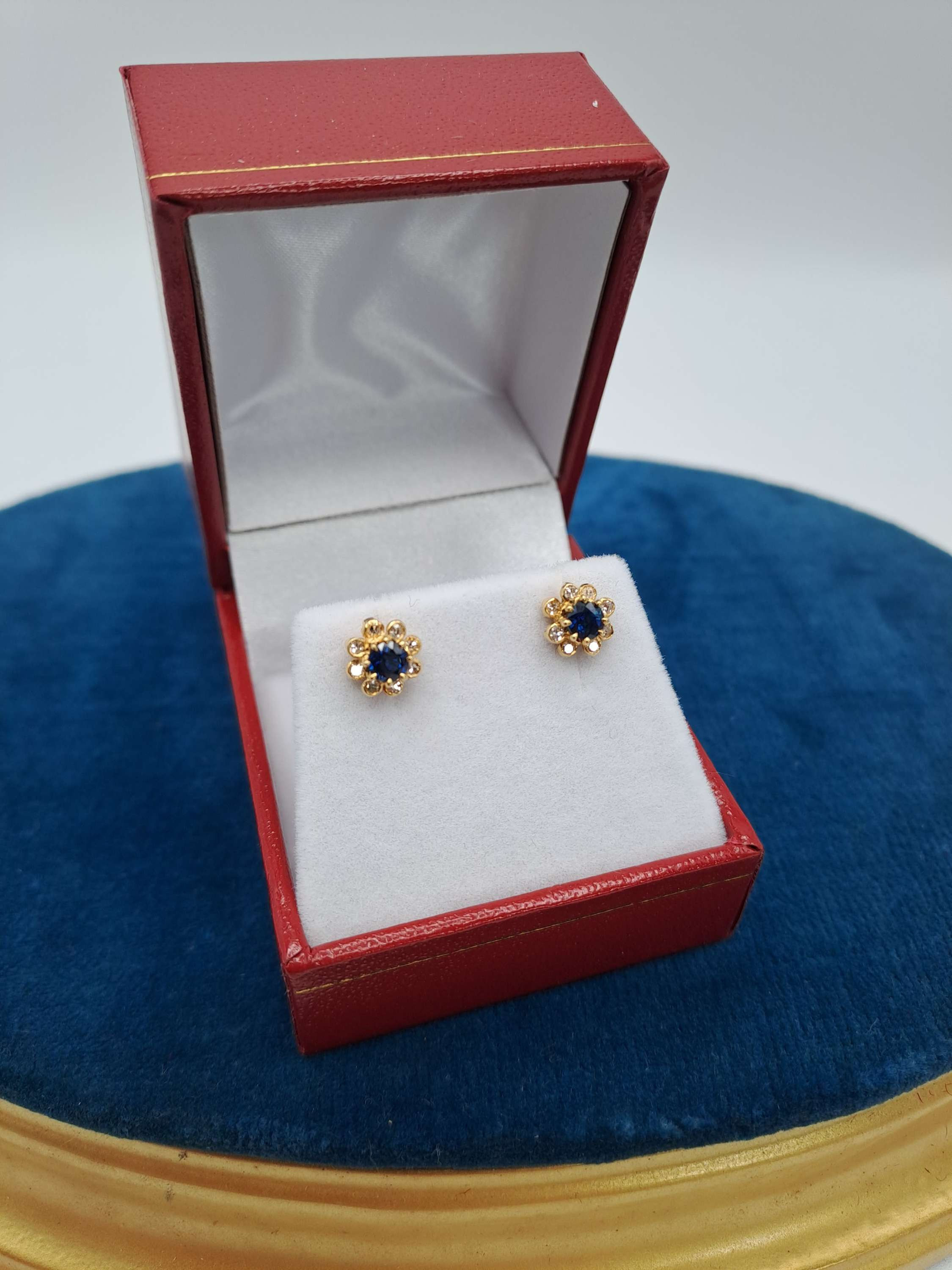 Pair of 18ct Gold, Sapphire & Diamond Flower Cluster Stud Earrings