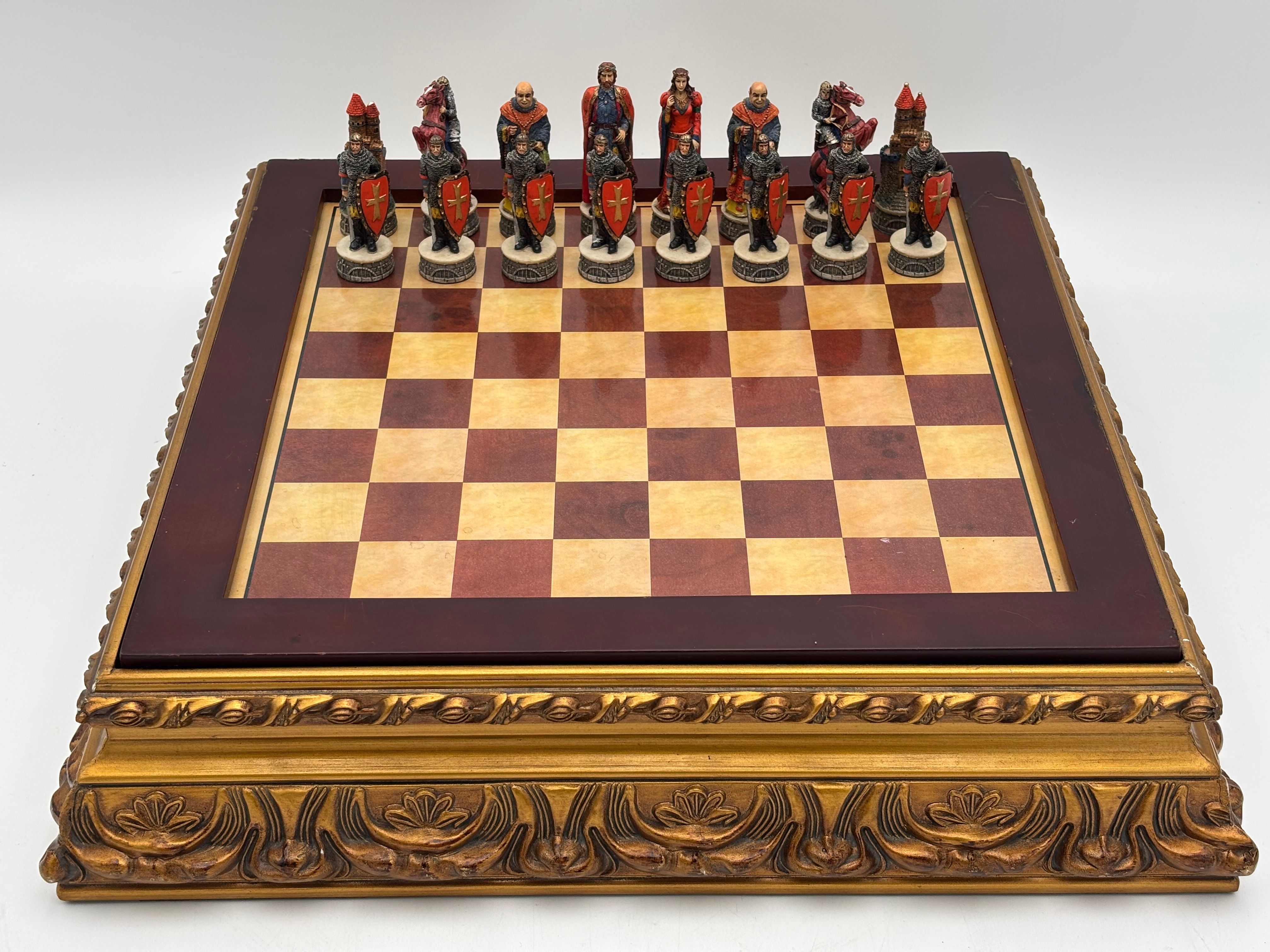 Chess Set with Gold Gilt Pedestal Stoarge Board. Robin Hood Themed Resin Chess P