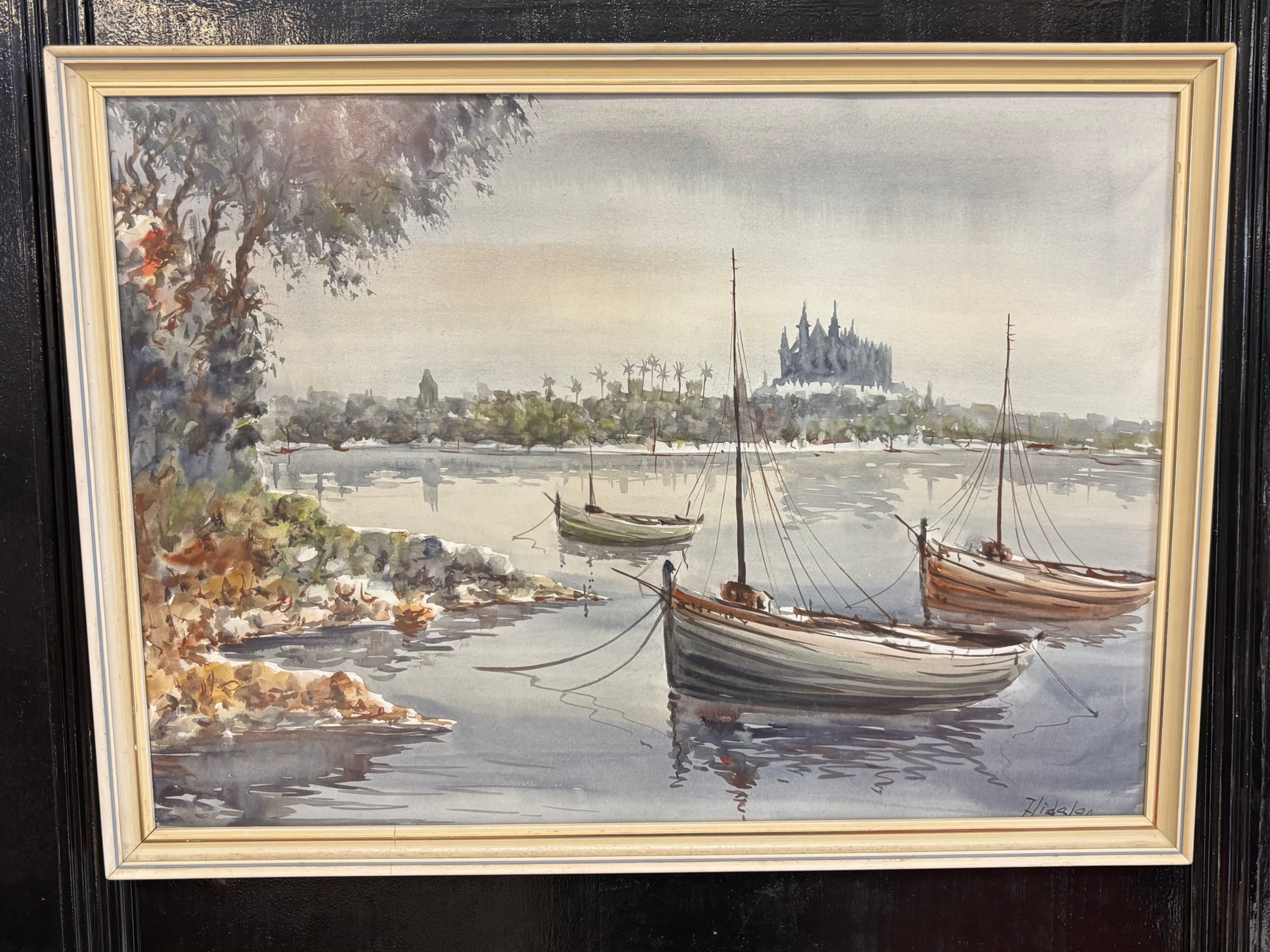 Harbour Palma de Mallorca Watercolour Gothic Cathedral Santa Maria of Palma