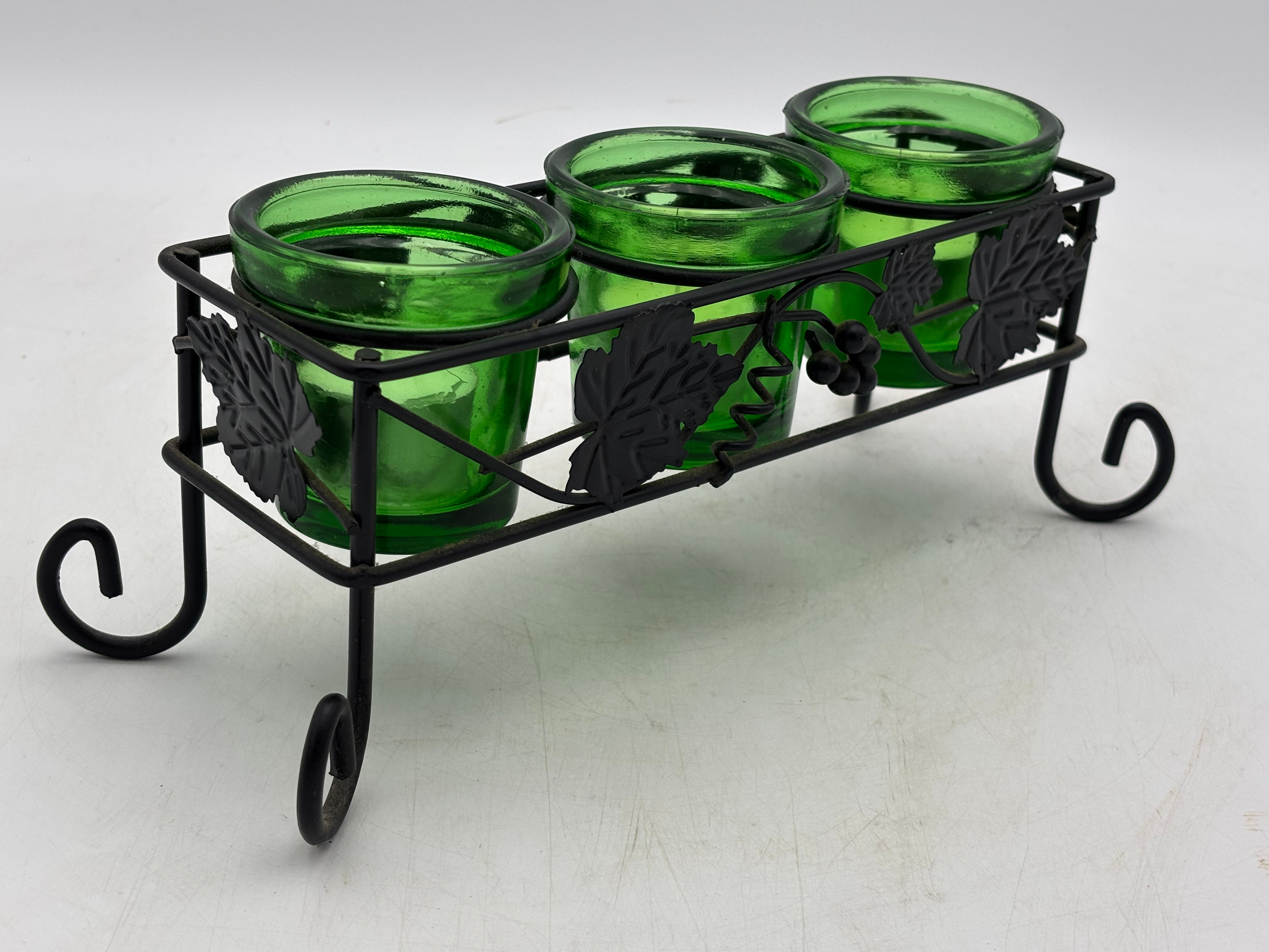 Vintage Wrought Iron & Triple Green Glass Votive or Tealight Candle Holder the F
