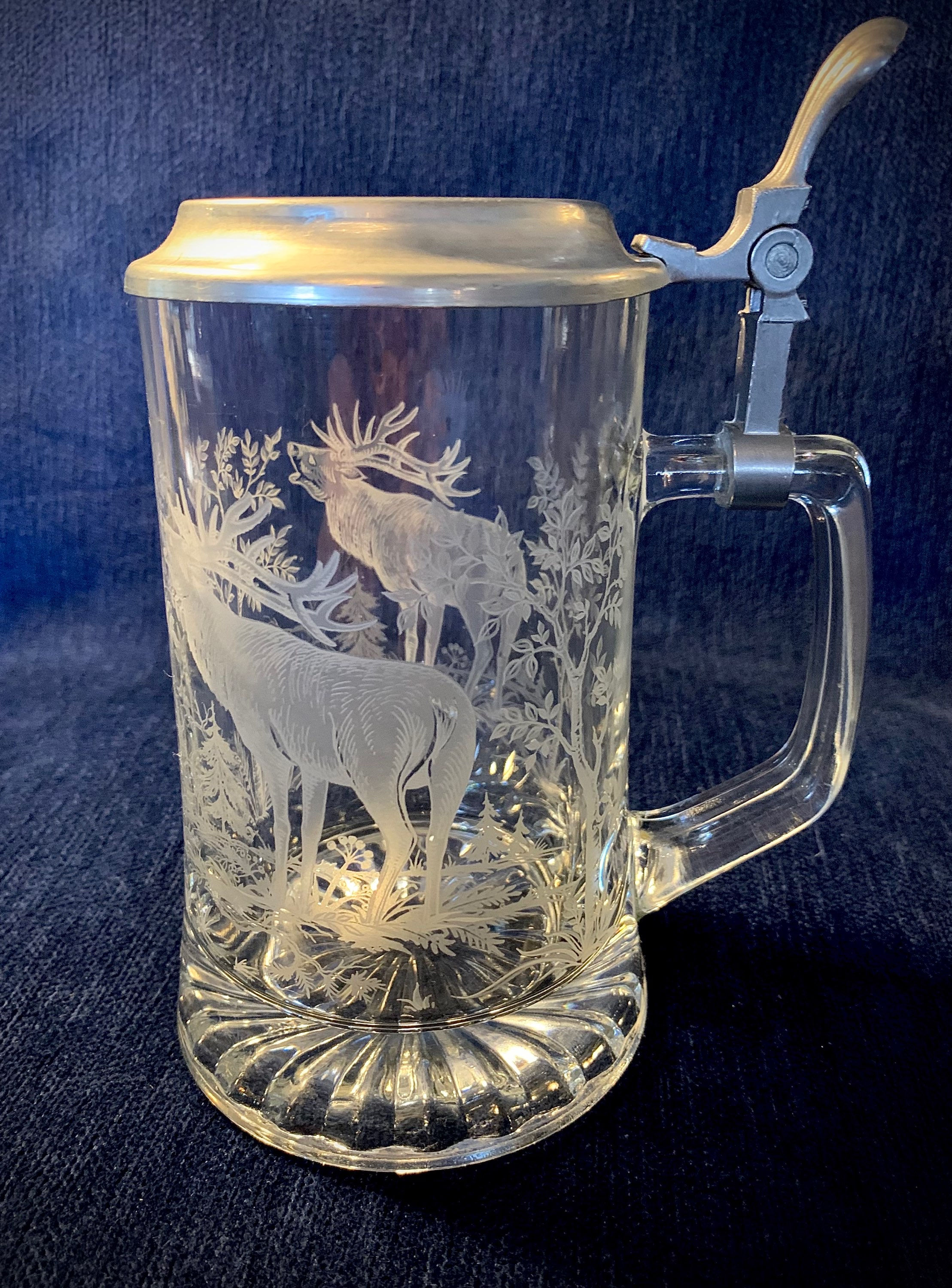 Vintage West German ALWE Lead Crystal Pewter Beer Stein With Engraved Stag Deer.