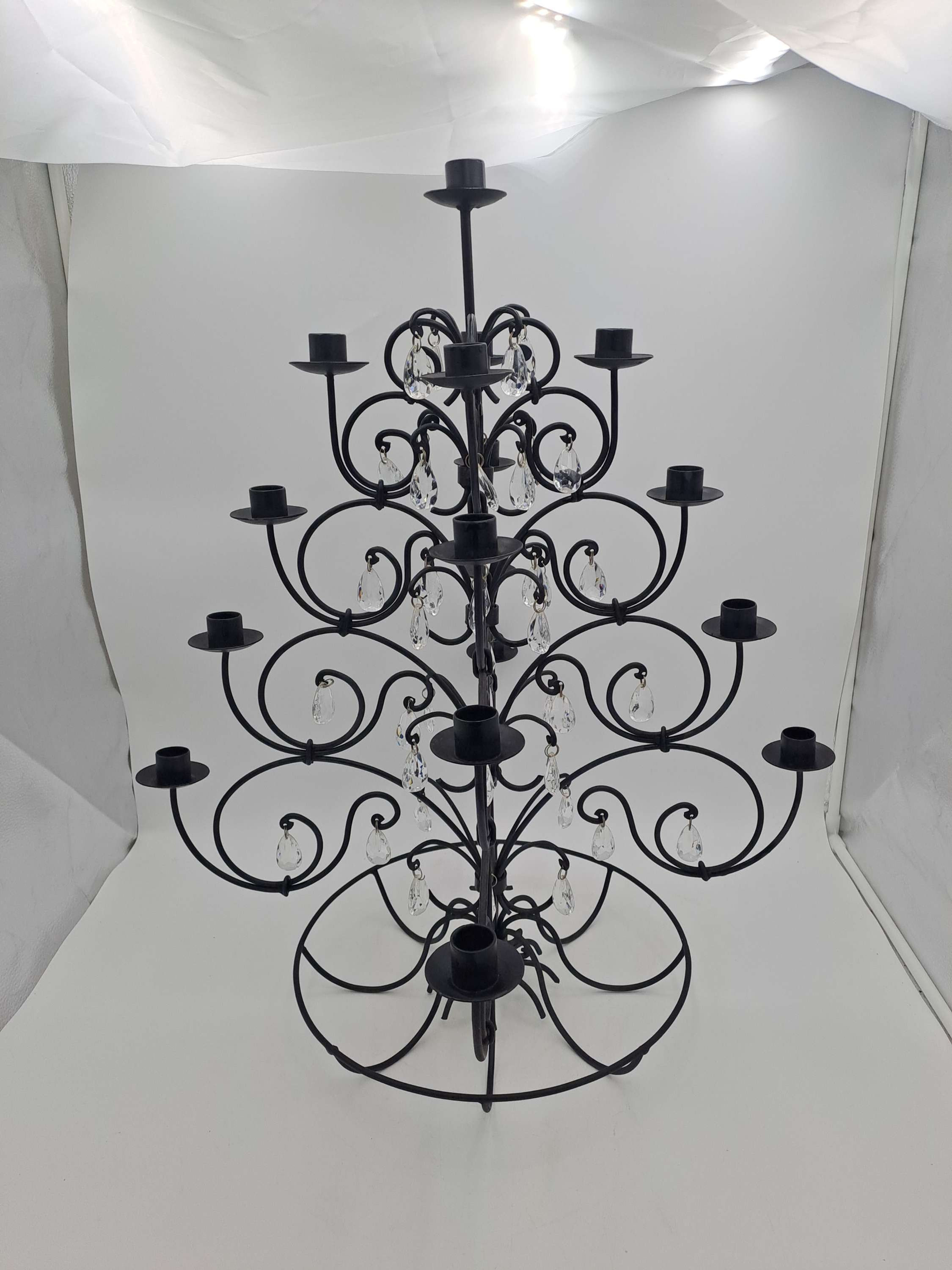 17 Candle Black Wrought Iron Tiered Table Candlebra with Plastic Drops