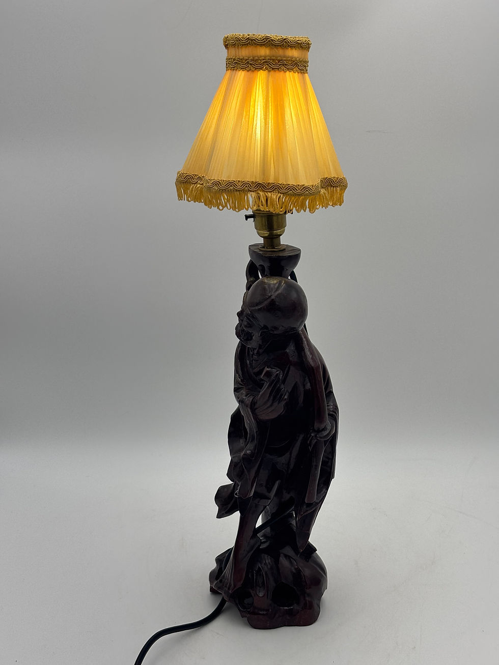 Thumbnail: Vintage Hand Carved Rootwood Chinese Deity Table Lamp 