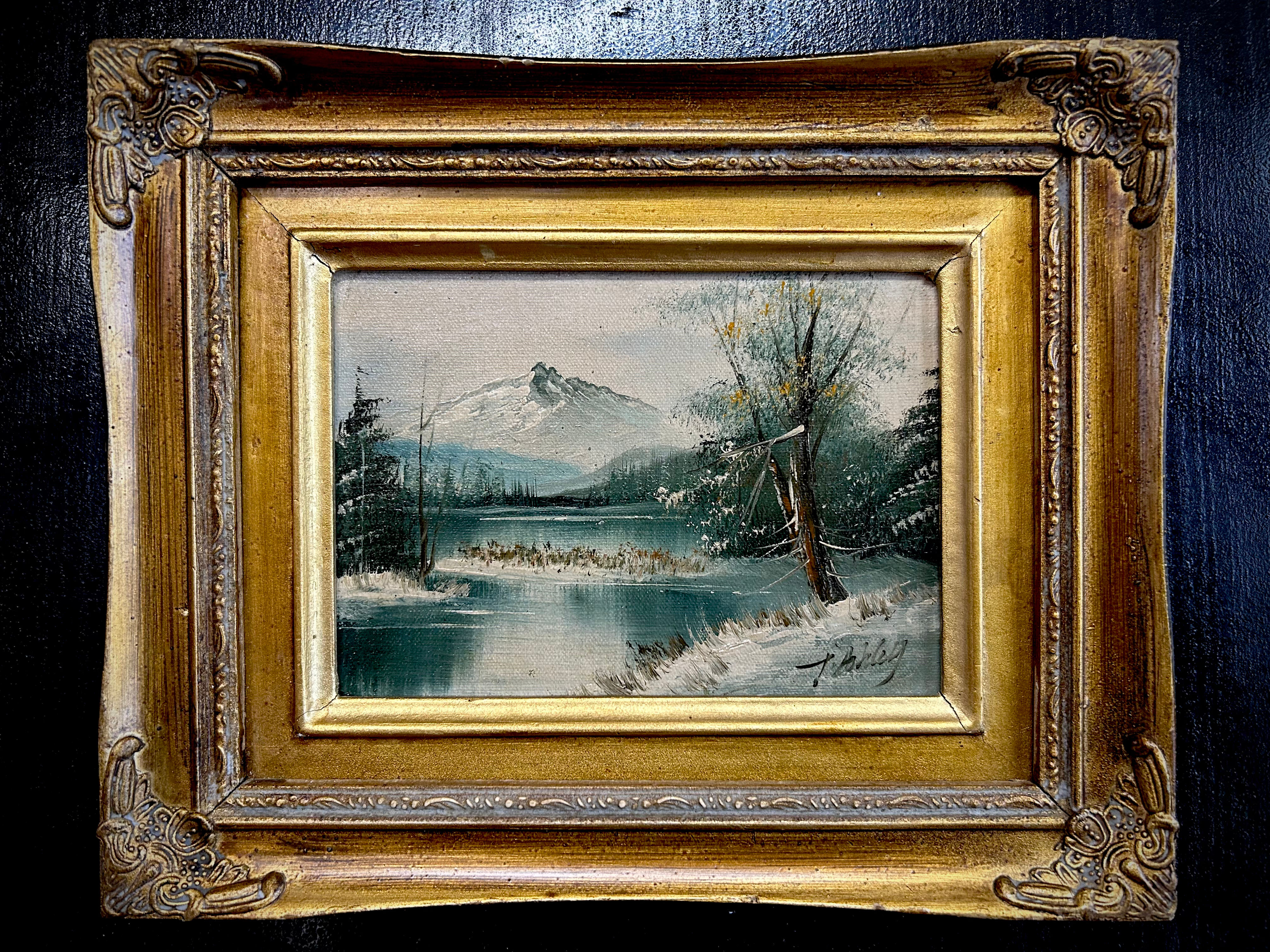 Original Landscape Oil Painting Snowy Mountain Scene Signed T. Ashley 