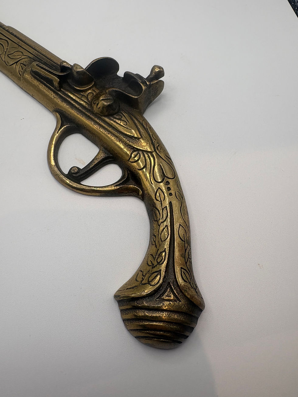 Thumbnail: Pair of Vintage 1970s Wall Hanging Solid Brass Flintlock Pistols 