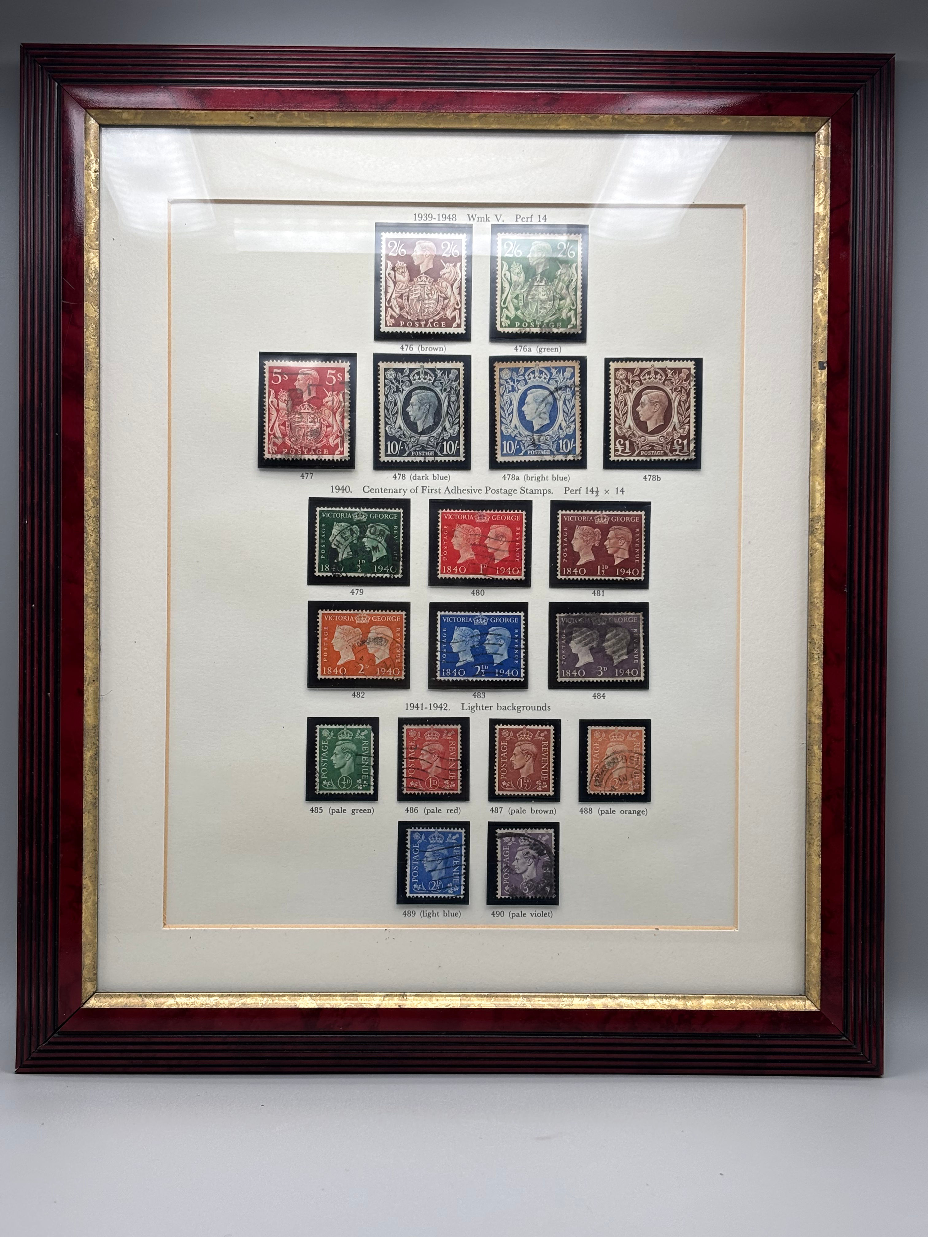 Framed Collection of British postage stamps showcasing definitive issues from Ki
