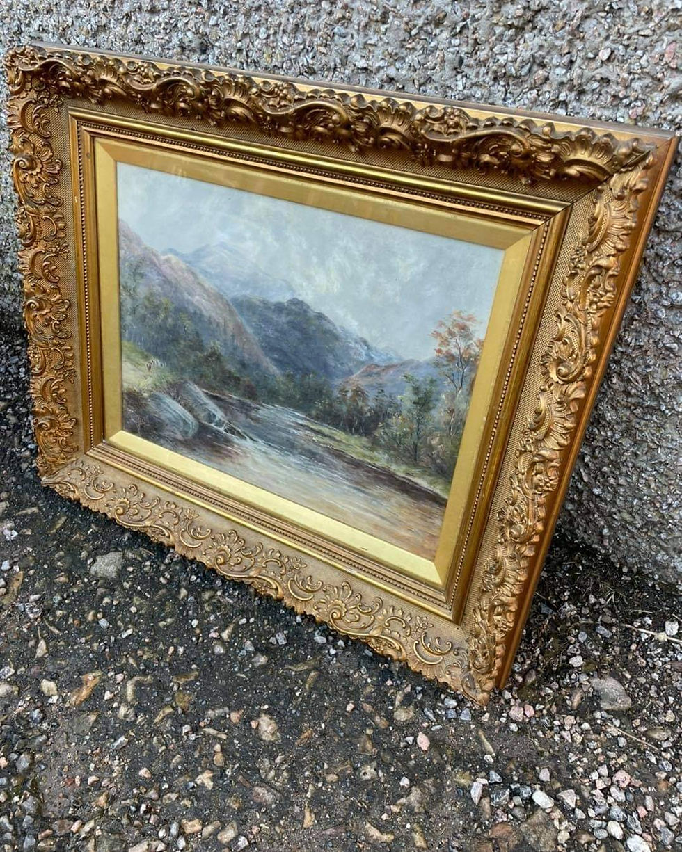 Thumbnail: Original Signed Painting Scottish River & Glen Deep Ornate Gold Jewelry  Frame