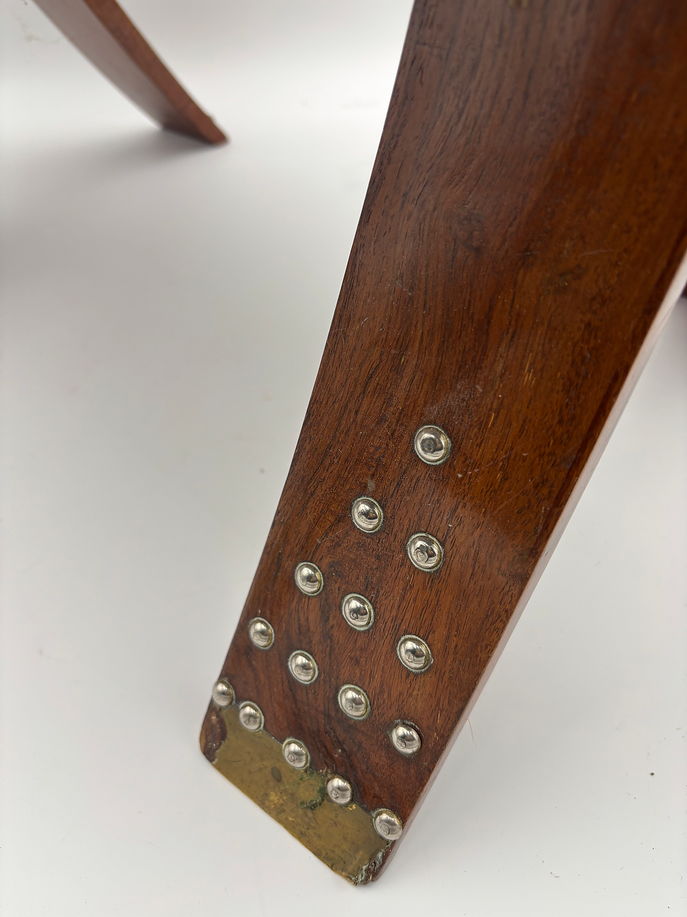 Thumbnail: Vintage leather & wooden camel saddle footstool with brass Camel handles. Circa 
