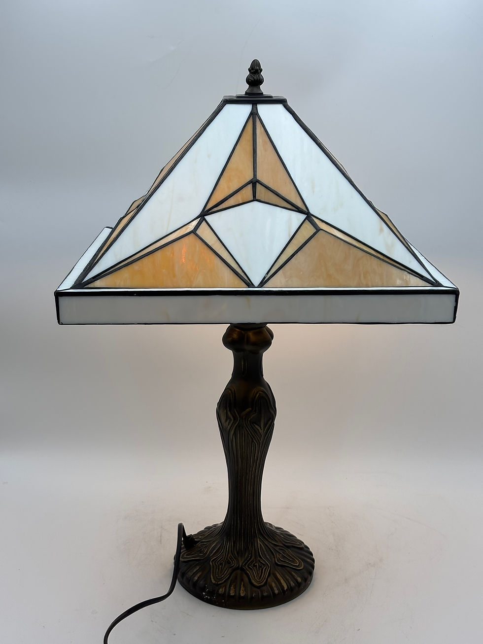 Thumbnail: Large Tiffany Style Geometric Design Table Lamp on Tall Base With Twin Bulbs