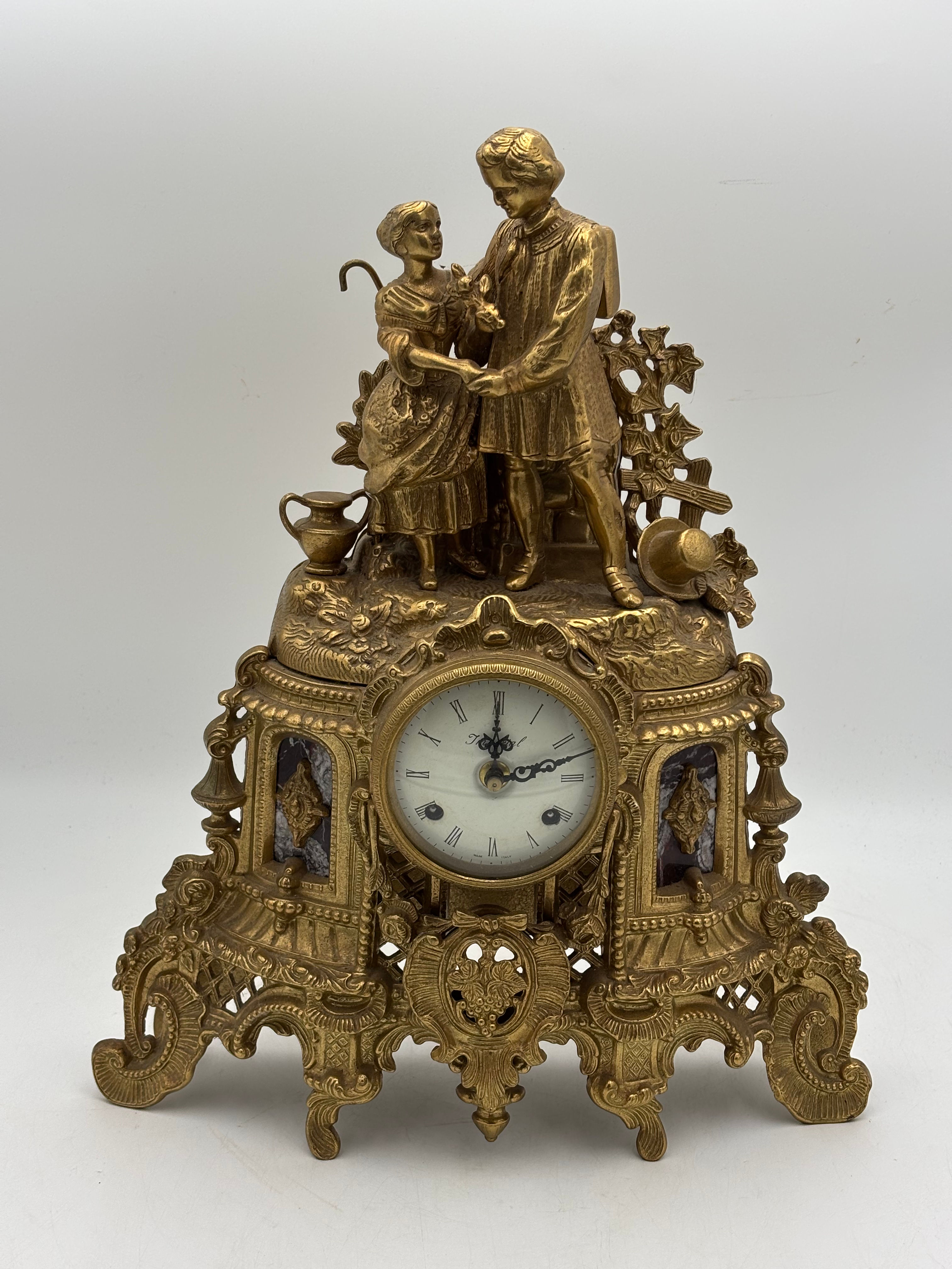 Early 20thC French Rococo Style brass mantel clock, the enamel dial stamped Impe