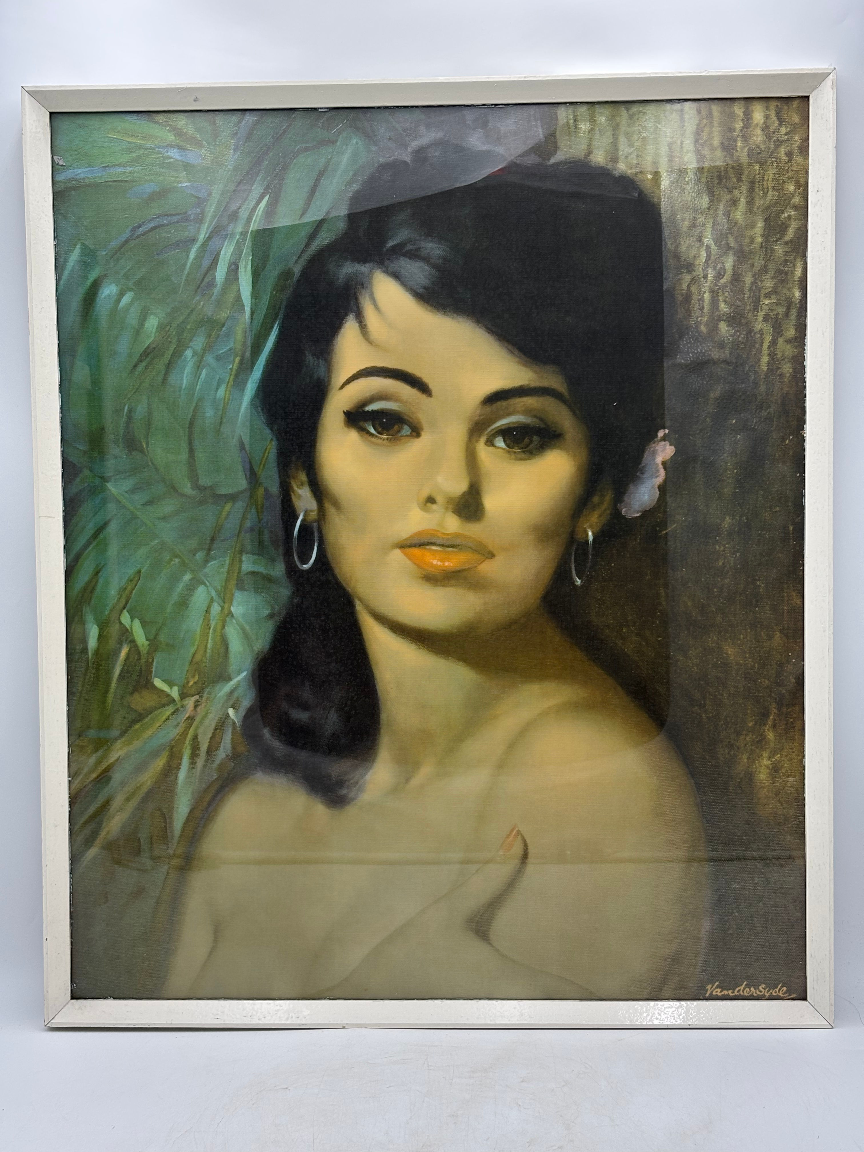 Large 1960s mid-century framed portrait print on board titled "Nina" by British