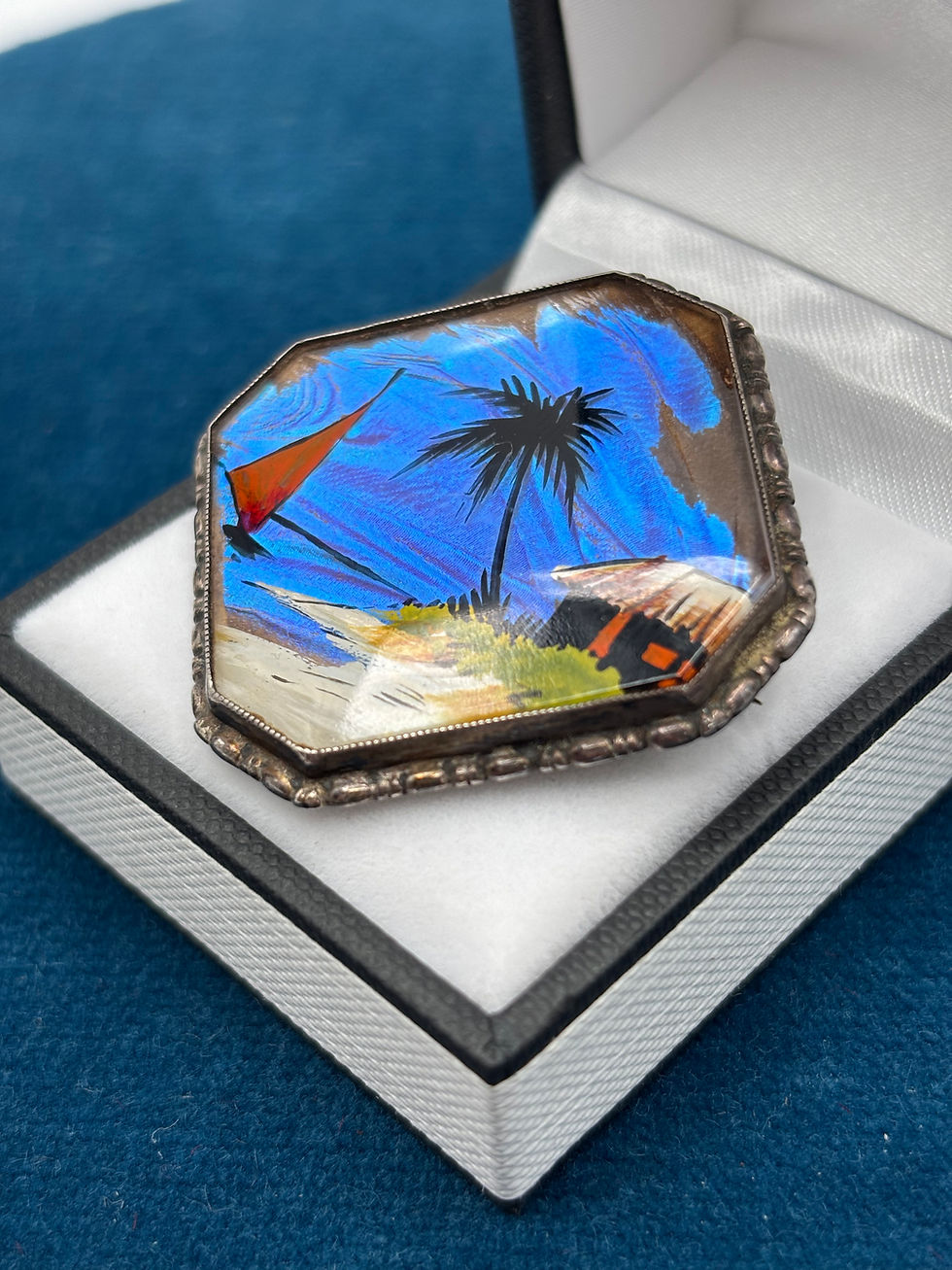 Thumbnail: Thomas L Mott Art Deco Sterling Silver Hand Painted Blue Morpho Butterfly Wing B