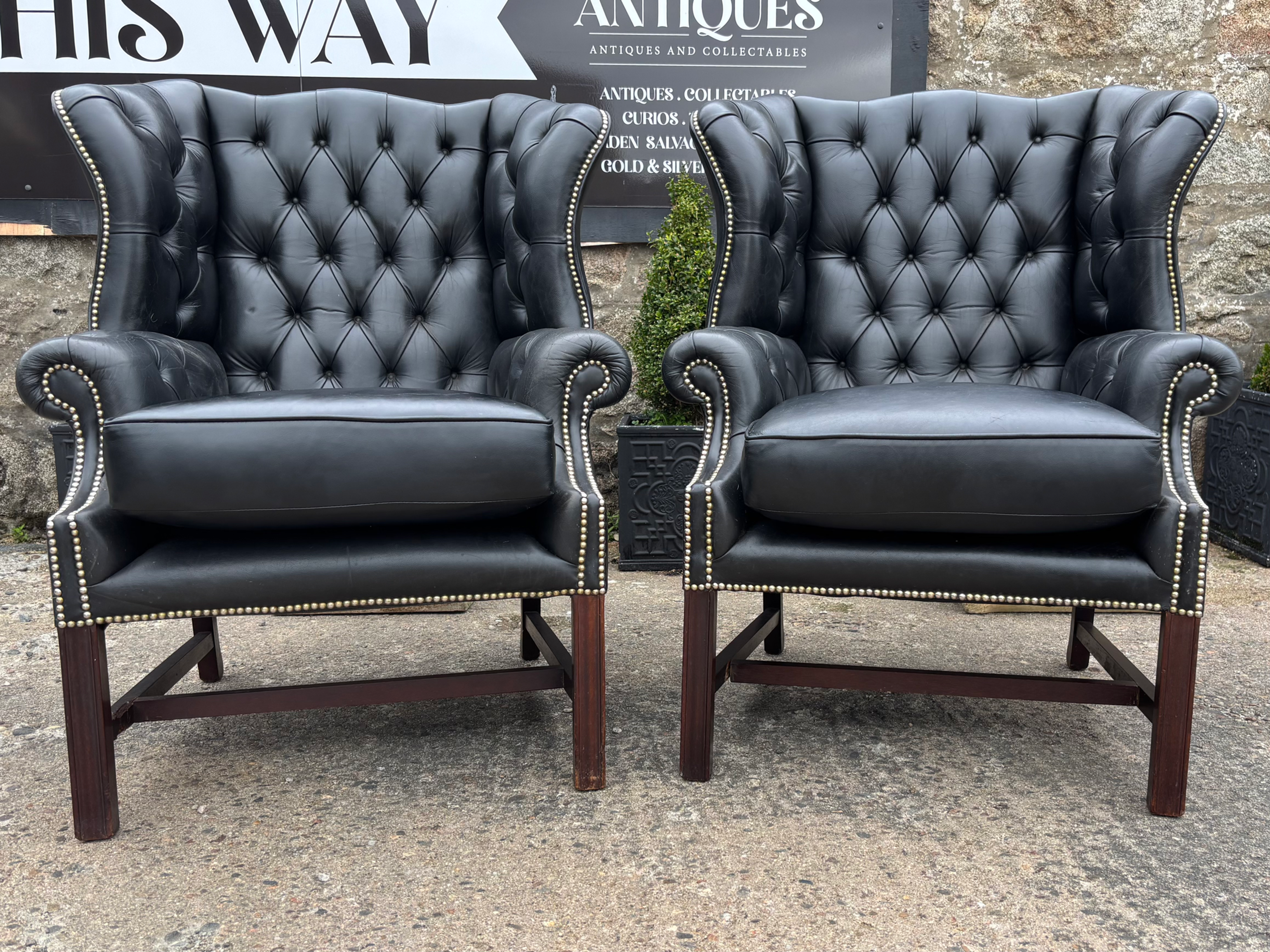 Large Queenanne Style Wingback Armchair in Vintage Black Leather Library Mancave