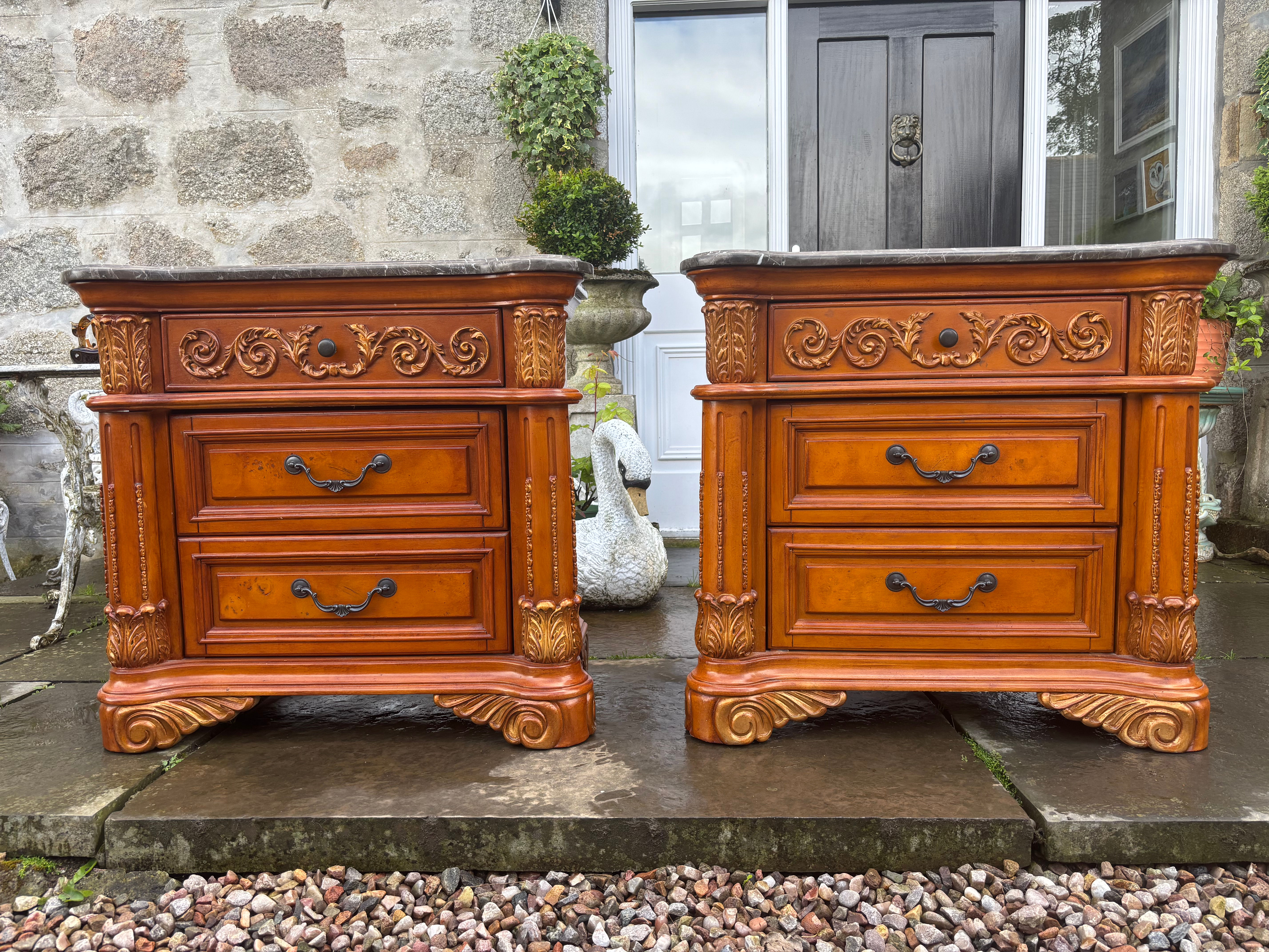 Pair of Large Marble Top Bedside Cabinets