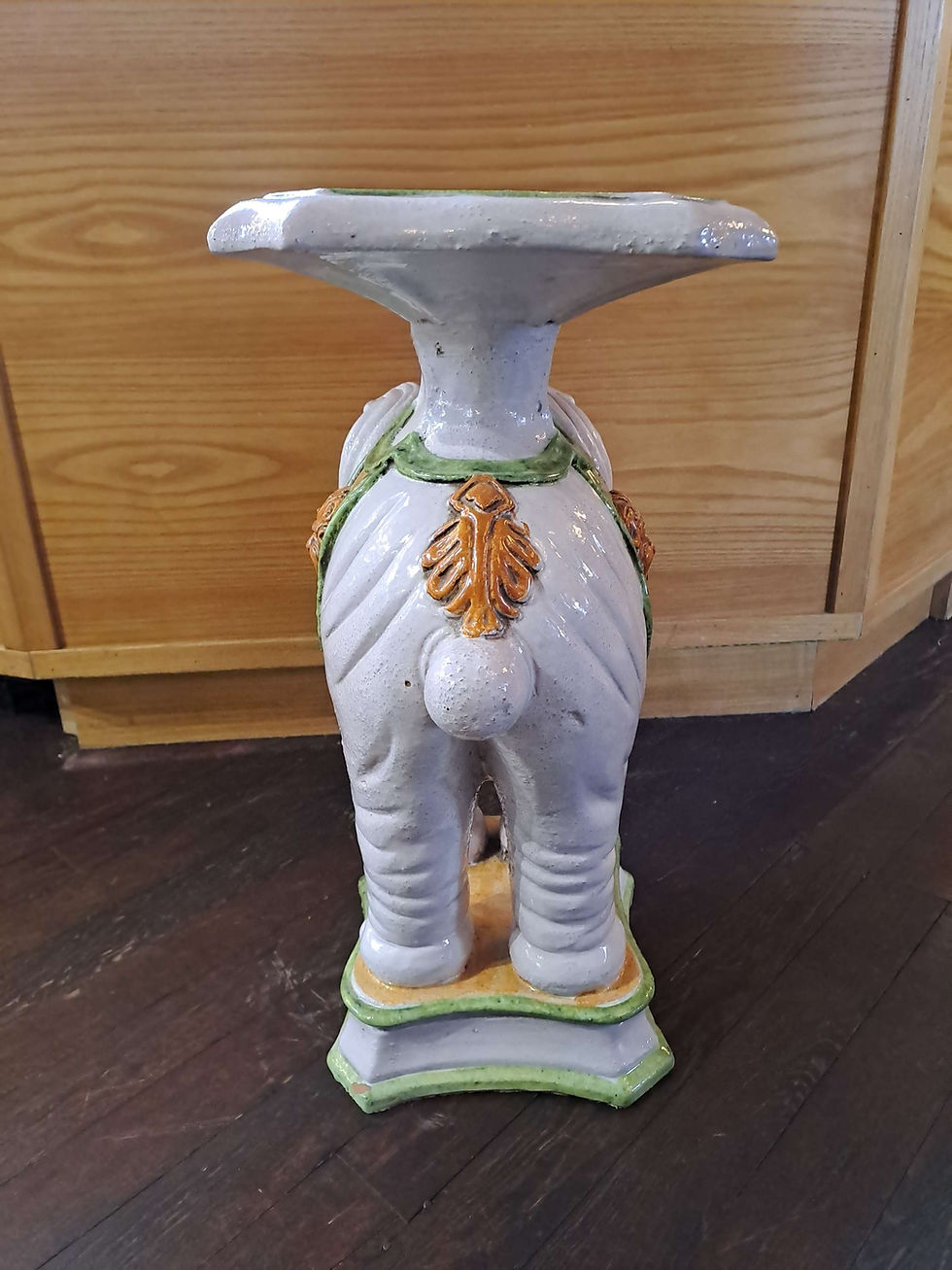 Thumbnail: Mid Century Terracotta, Hand Painted & Glazed Elephant Plant Stand