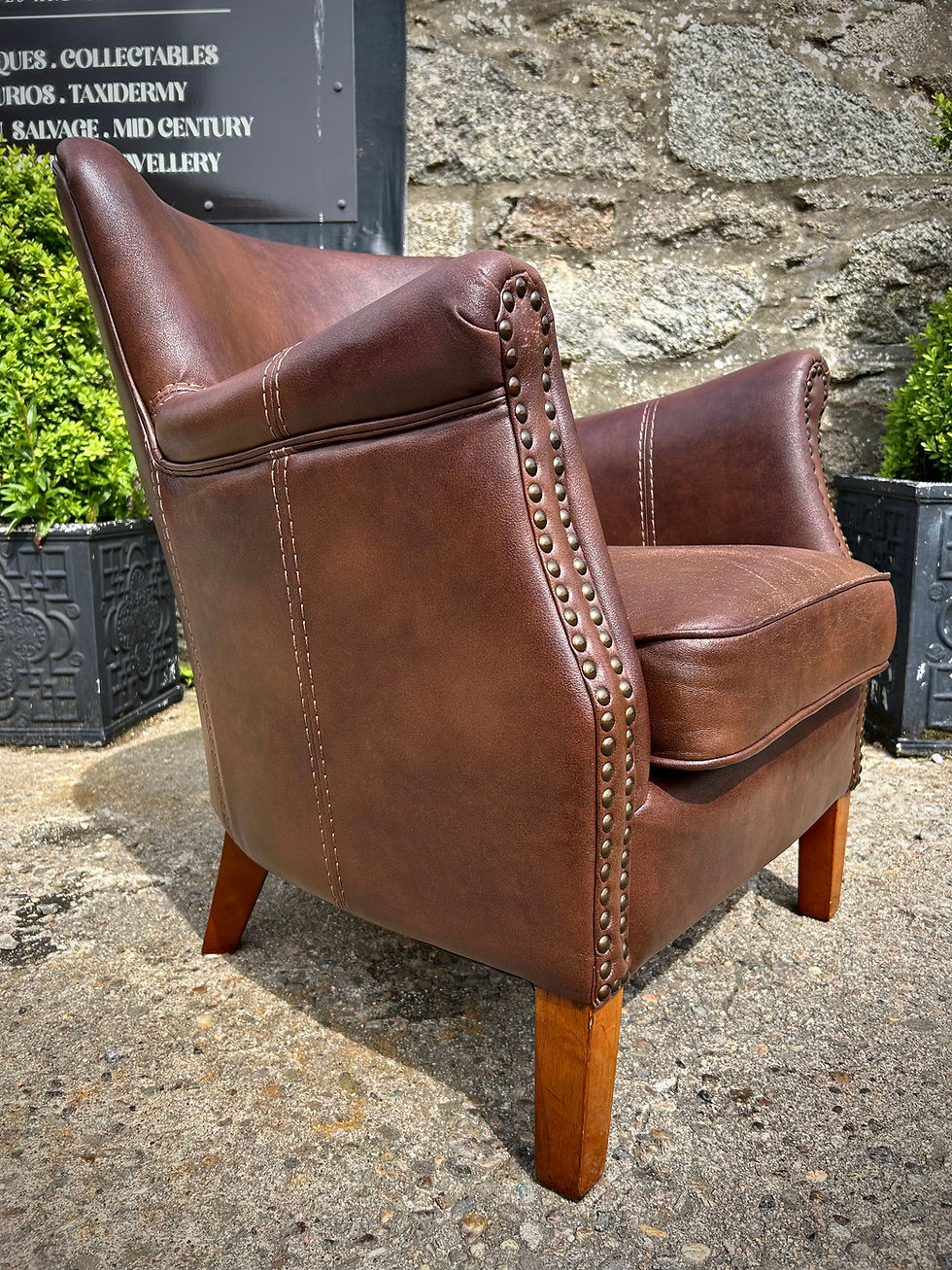 Thumbnail: Small Leather Library Tub Chair with Stud Detail on Wooden Feet 