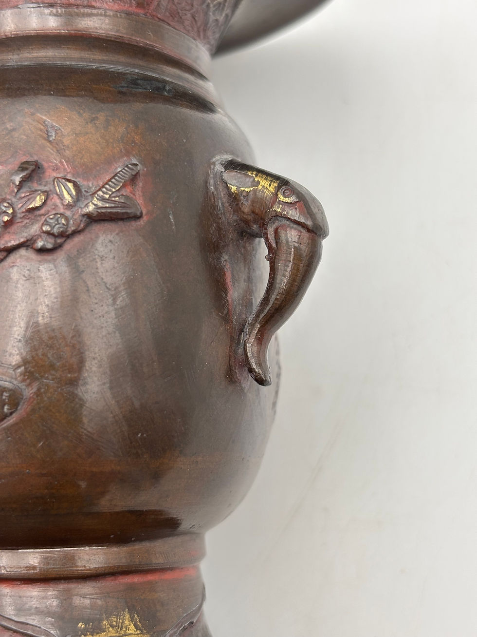 Thumbnail: Pair of Antique Japanese bronze urn vases, Meiji period with bird decoration 