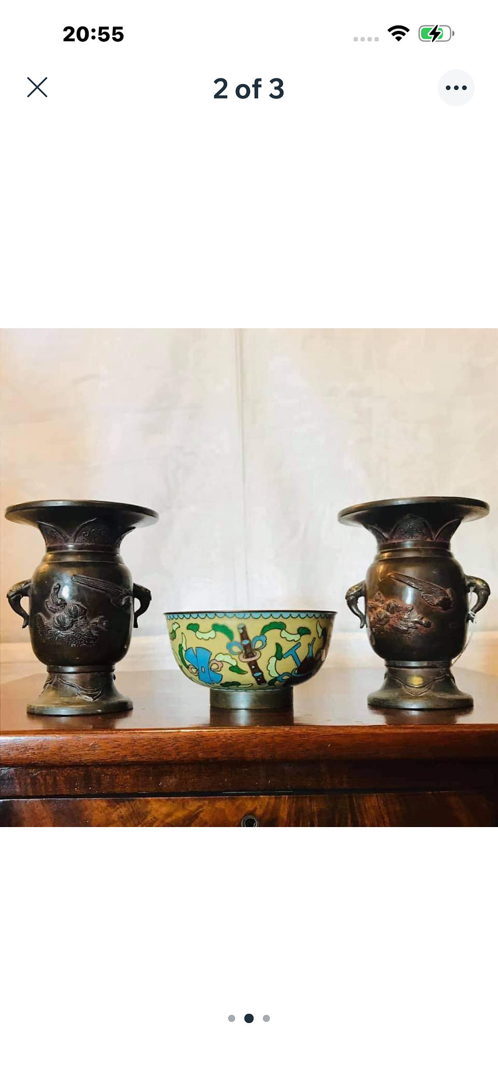 Thumbnail: Pair of Antique Japanese bronze urn vases, Meiji period with bird decoration 