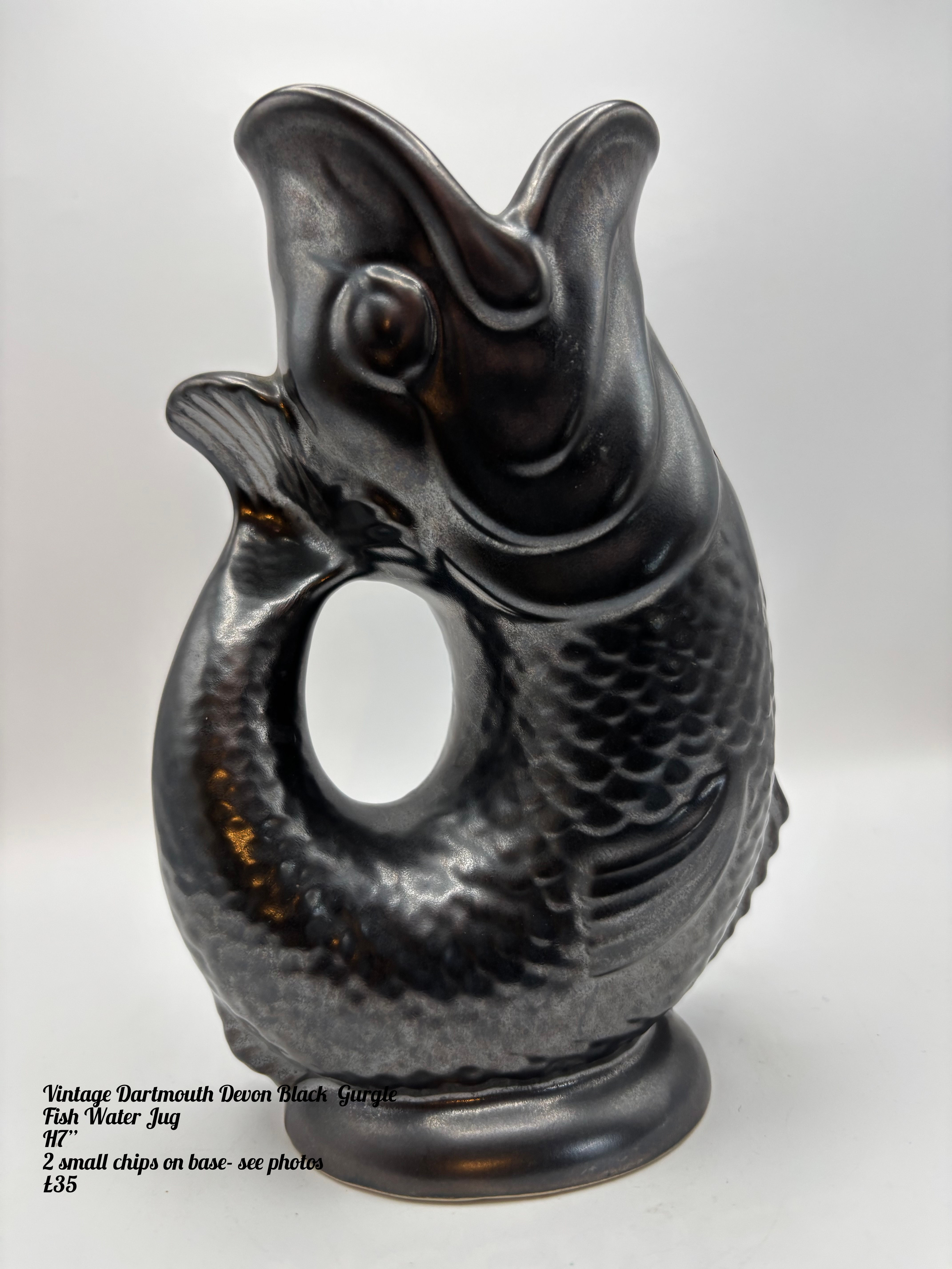 Dartmouth Pottery Fish Gurgle Jug in Black Glaze Whisky Water Whiskey Vase