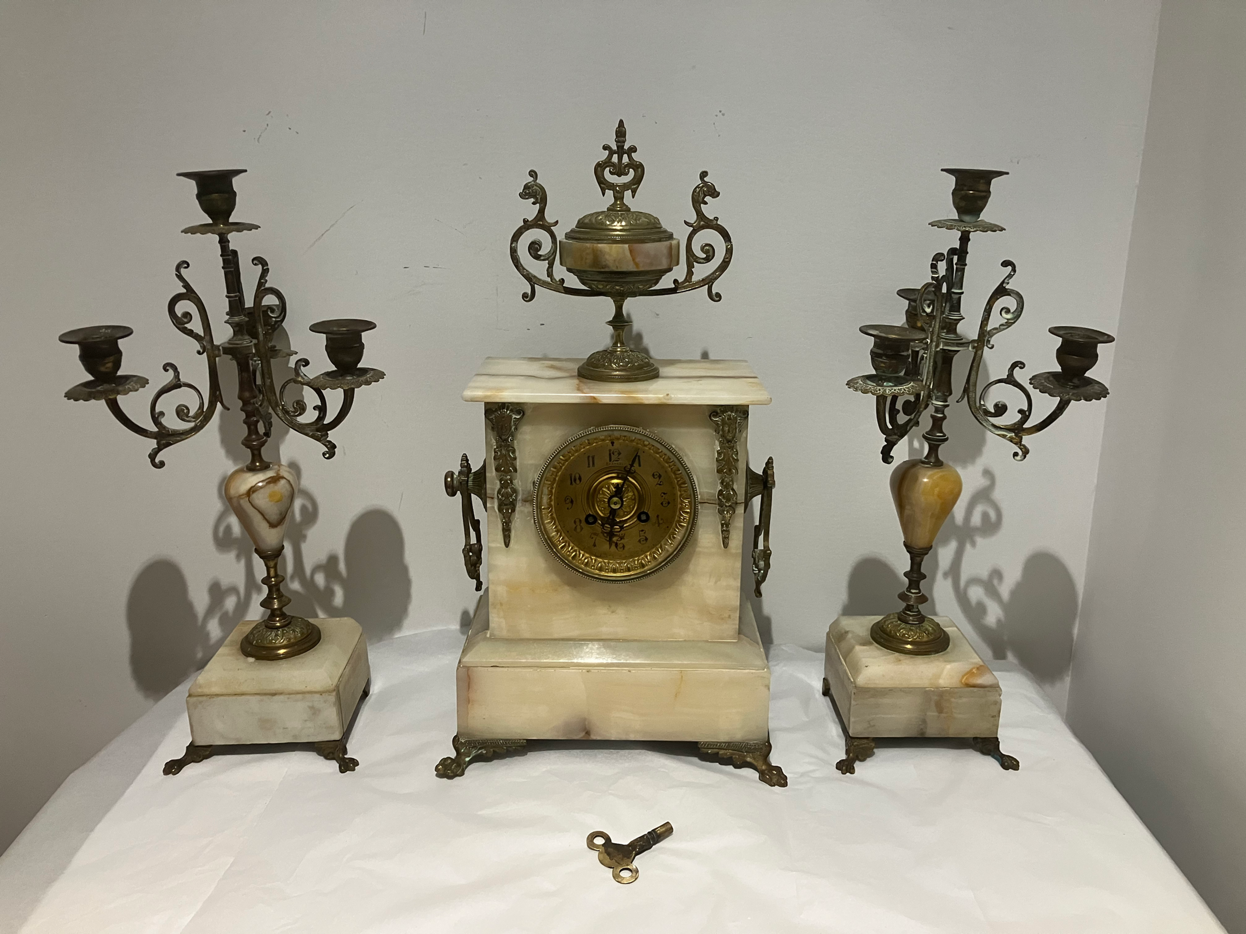 Antique French Alabaster Garniture Mantel Clock