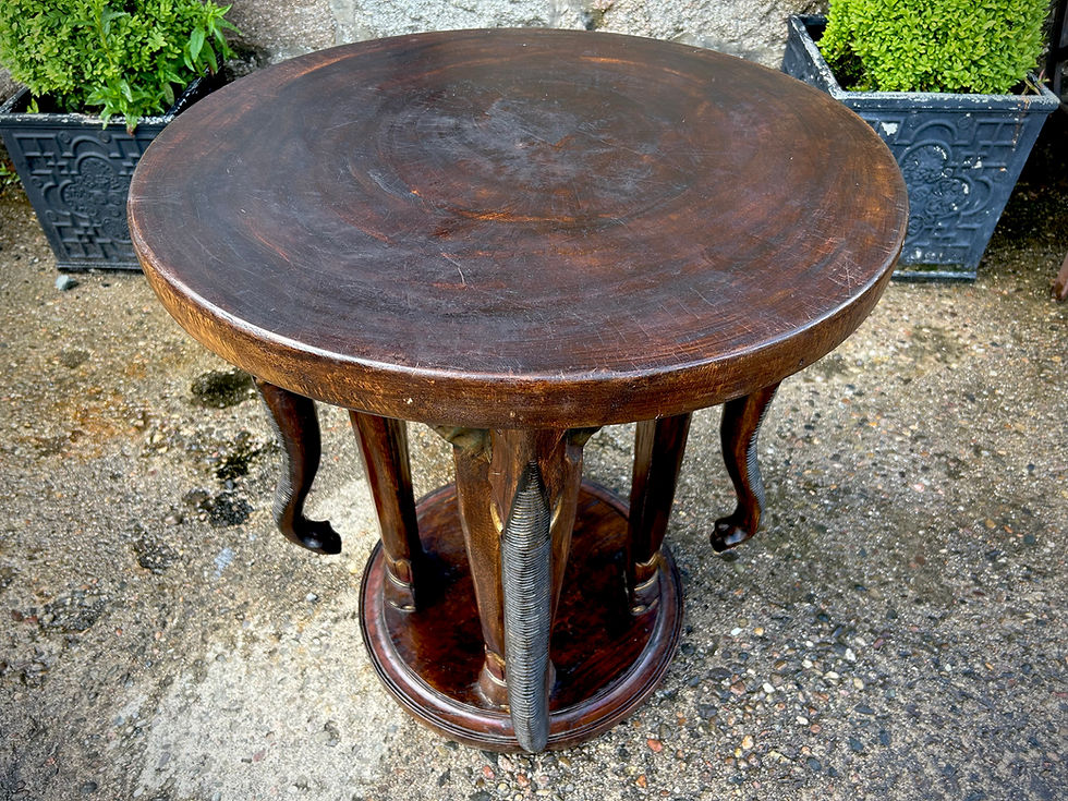 Thumbnail: Carved Solid Wood Elephant Table & Four Chairs Stools Set Indonesian or Burmese 