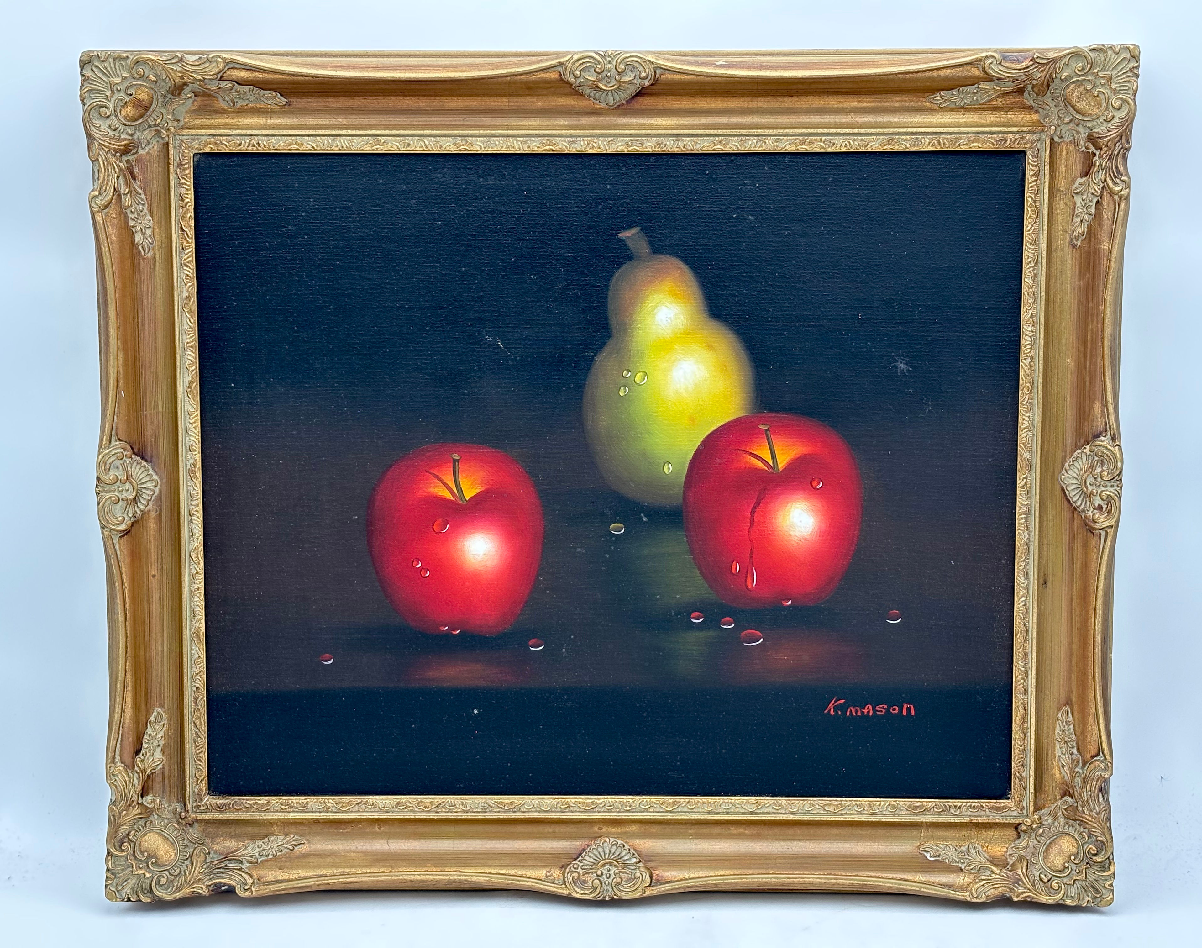 Original Framed & Signed Oil on Canvas Still Life of Two Apples & Pear