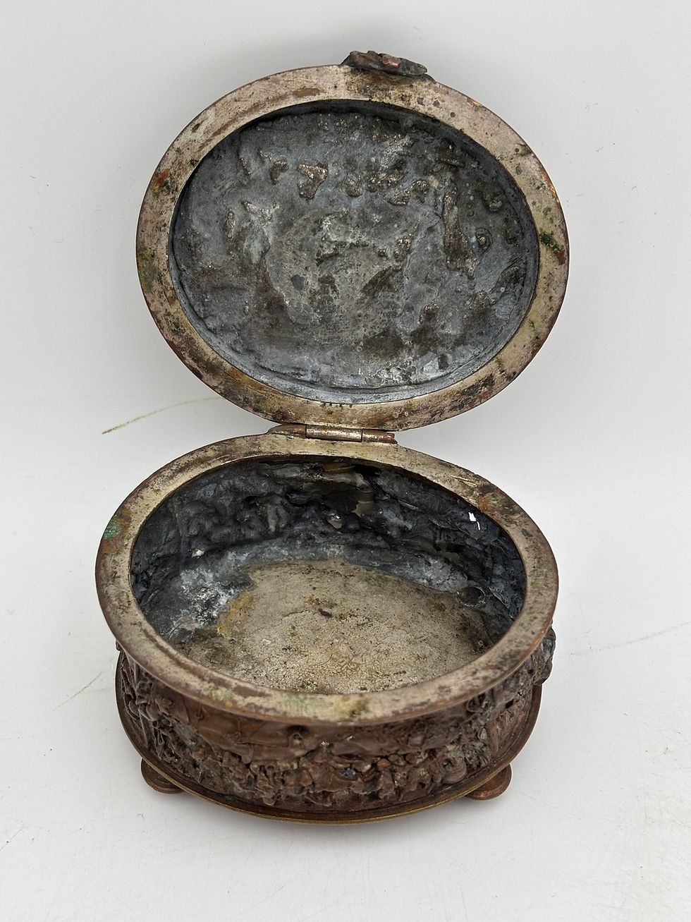 Thumbnail: Small ornate bronze or copper jewelry casket dating from the 19th century.