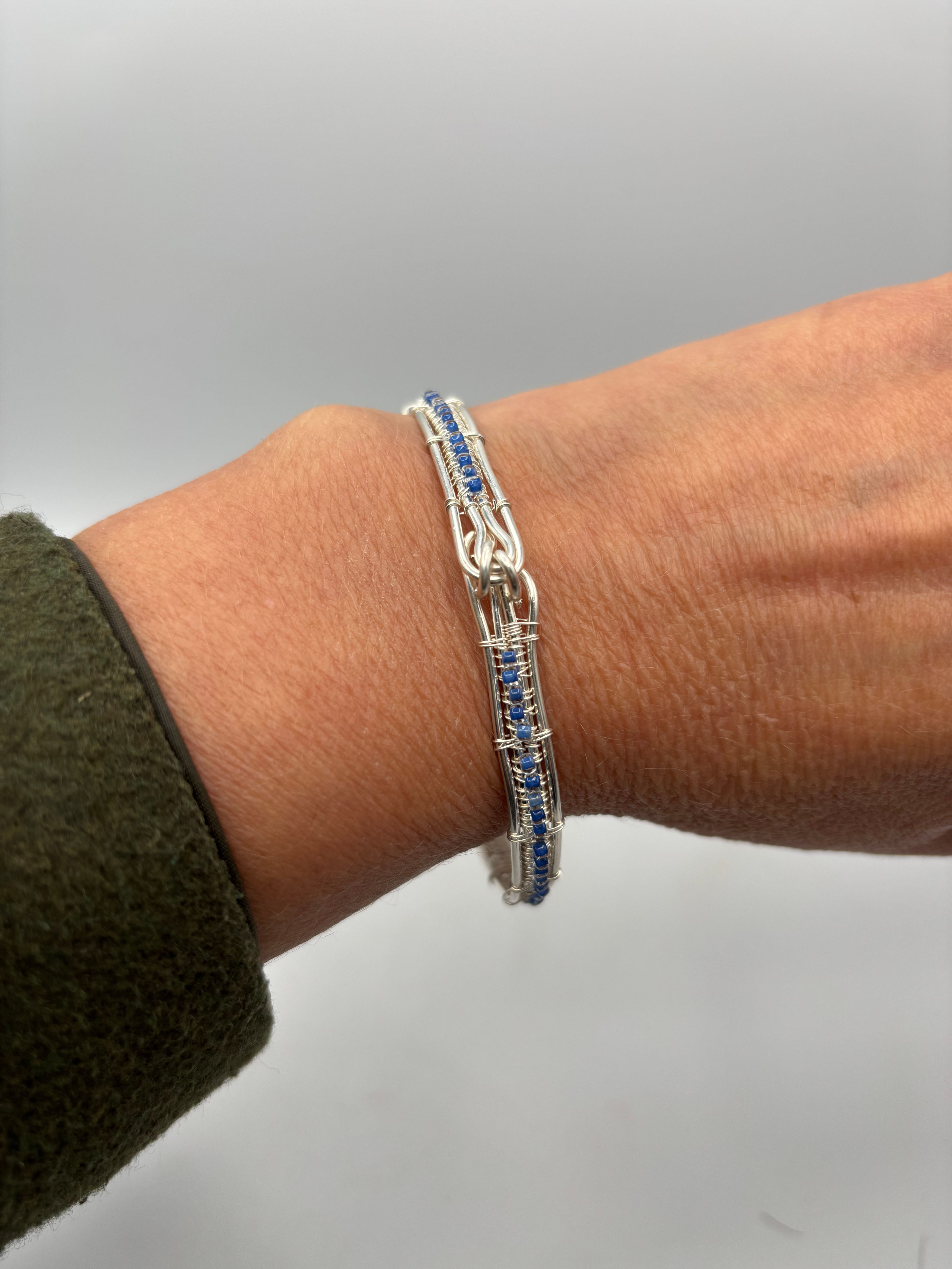 Handmade Silver Blue Beaded Bangle. 
