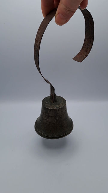 Thumbnail: Small Antique Shop Keepers Bell with Wrought Iron Hanger and Brass Bell