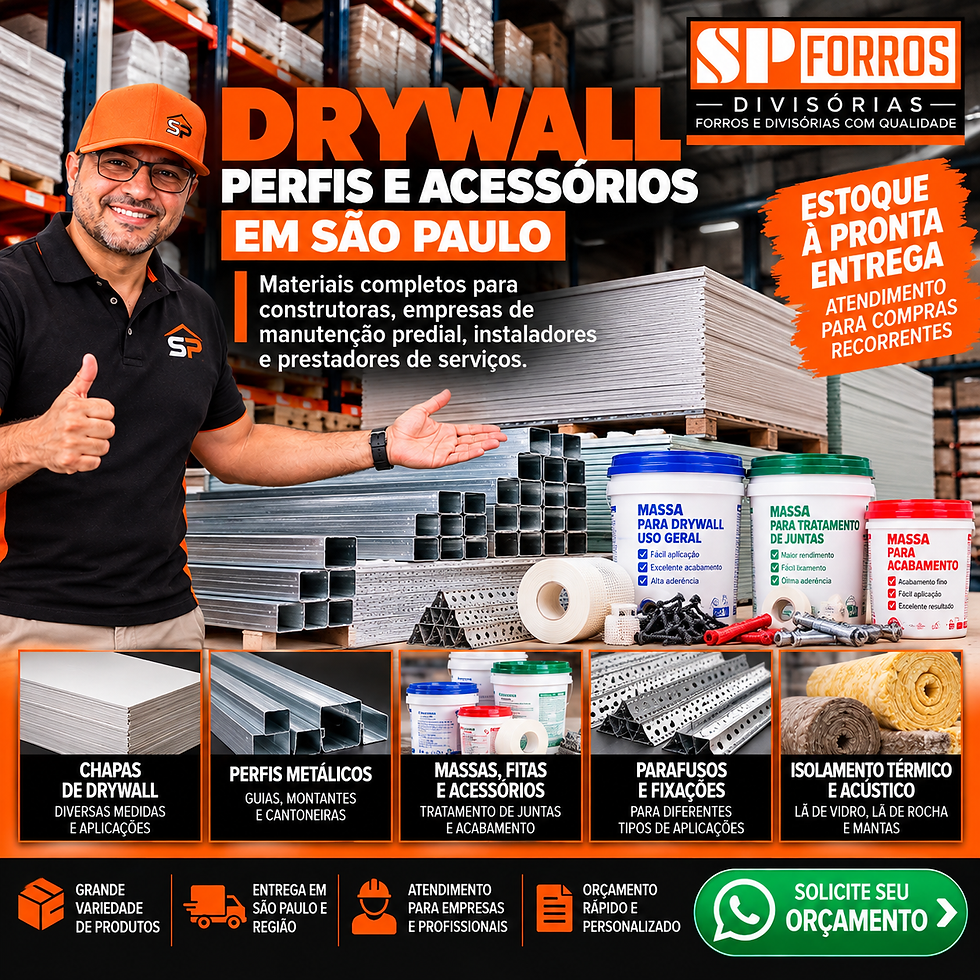 Chapas de drywall, perfis, massas, fitas e acessórios para manutenção predial — imagem ilustrativa