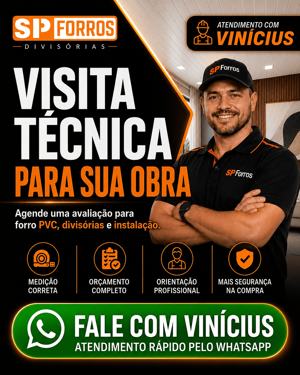 Anúncio preto e laranja da SP Forros com homem sorrindo; texto diz VISITA TÉCNICA e FALE COM VINÍCIUS no WhatsApp.