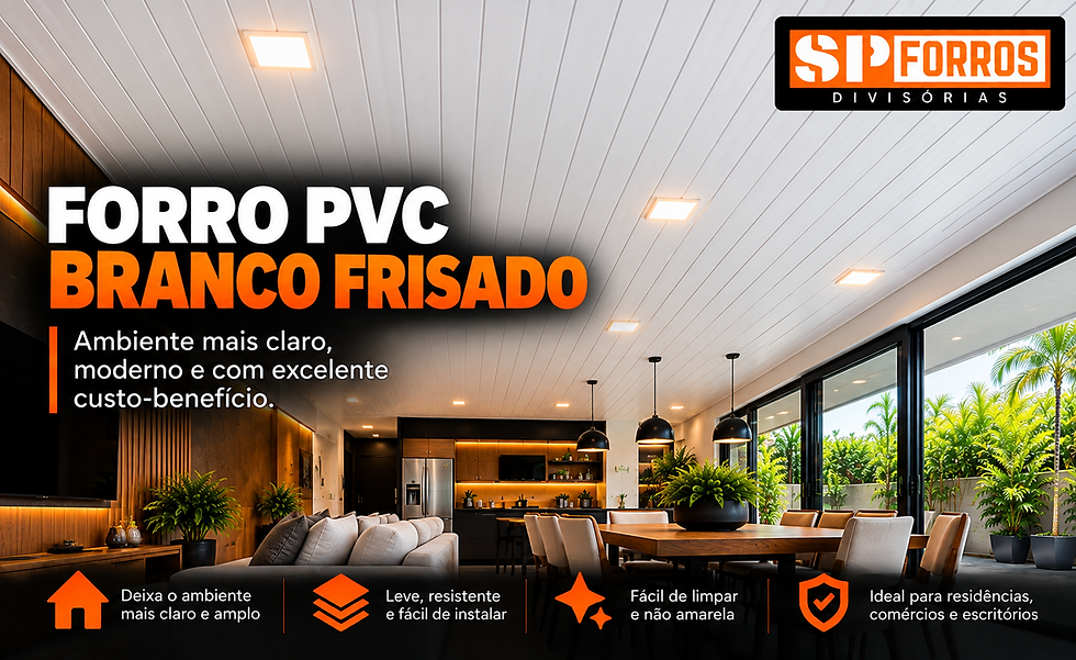 Forro PVC branco frisado em sala integrada moderna