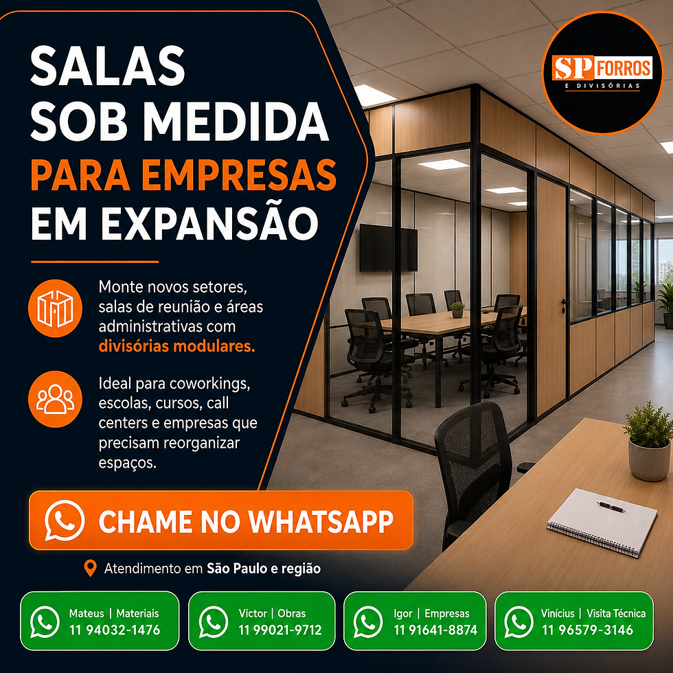 Salas com divisórias eucatex de vidro e madeira. Texto destacado: "Salas sob medida para empresas em expansão". Contato via WhatsApp.